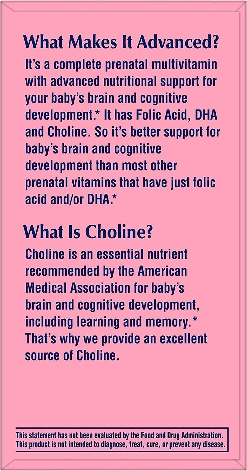 One A Day Multivitamínico completo prenatal para mujer con colina, ácido fólico, omega-3 DHA y hierro para pre, durante y después del embarazo,