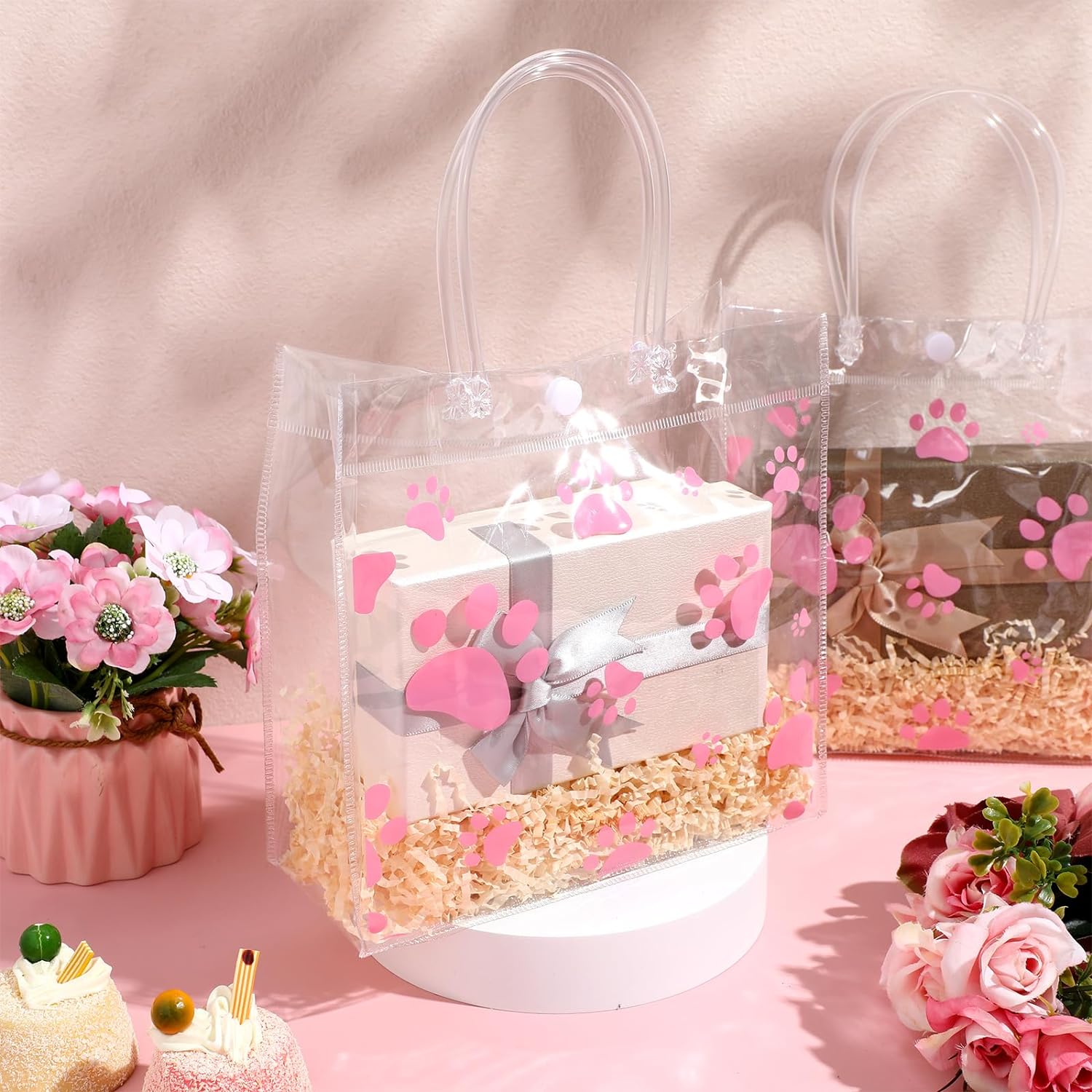 Teling Paquete de 20 bolsas de regalo de PVC transparente con asa de perro con asa, bolsas de plástico reutilizables, bolsas de regalo transparentes