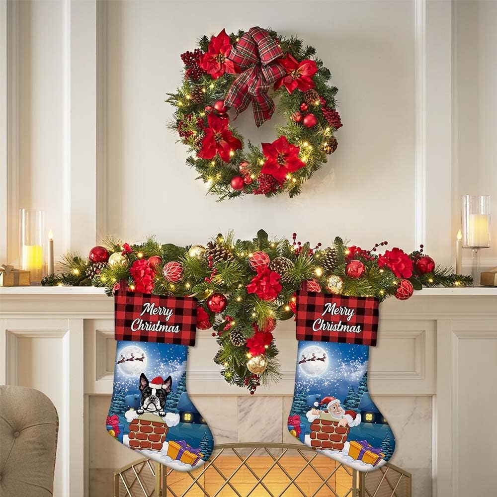 MALIHONG Paquete de 1 calcetín personalizado de Navidad con diseño de búfalo rojo a cuadros con encantador perro, gran danés, copo de nieve,