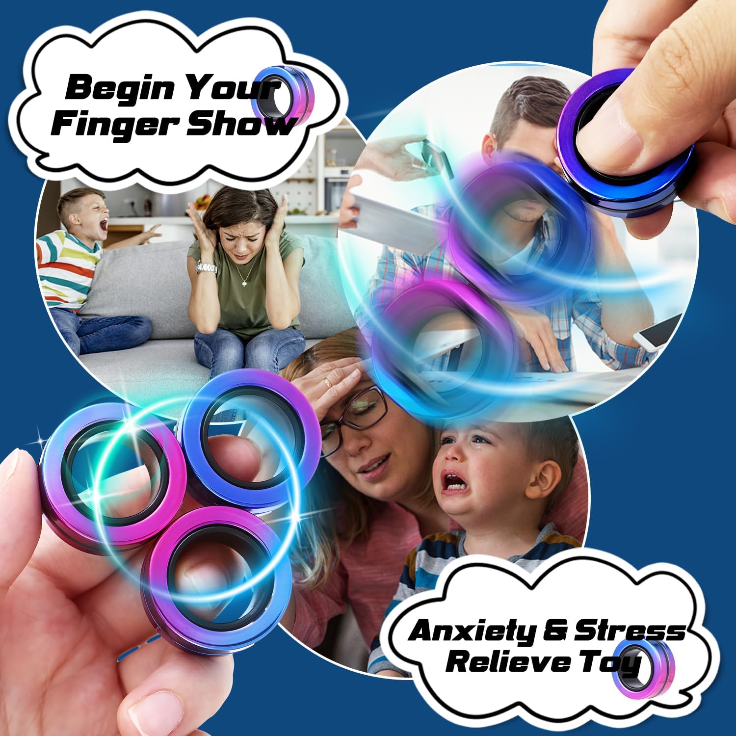 Aveloki Juego de 3 anillos magnéticos para ansiedad, juguetes para aliviar el estrés para TDAH, ansiedad, adultos, adolescentes y niños