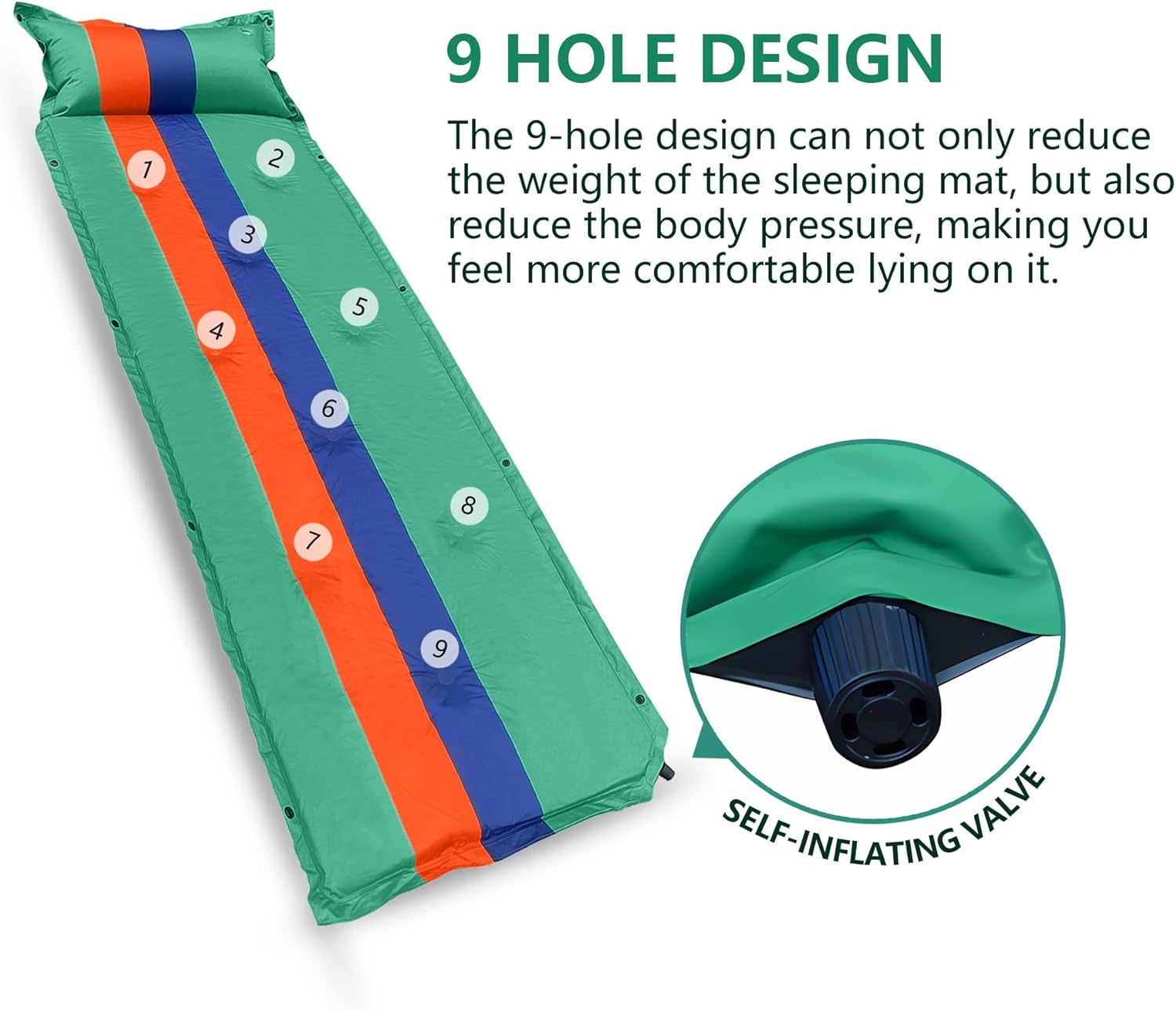 Colchoneta de dormir para campamento, colchón ligero de espuma viscoelástica con almohada, almohadilla de campamento autoinflable de 1.2 pulgadas de