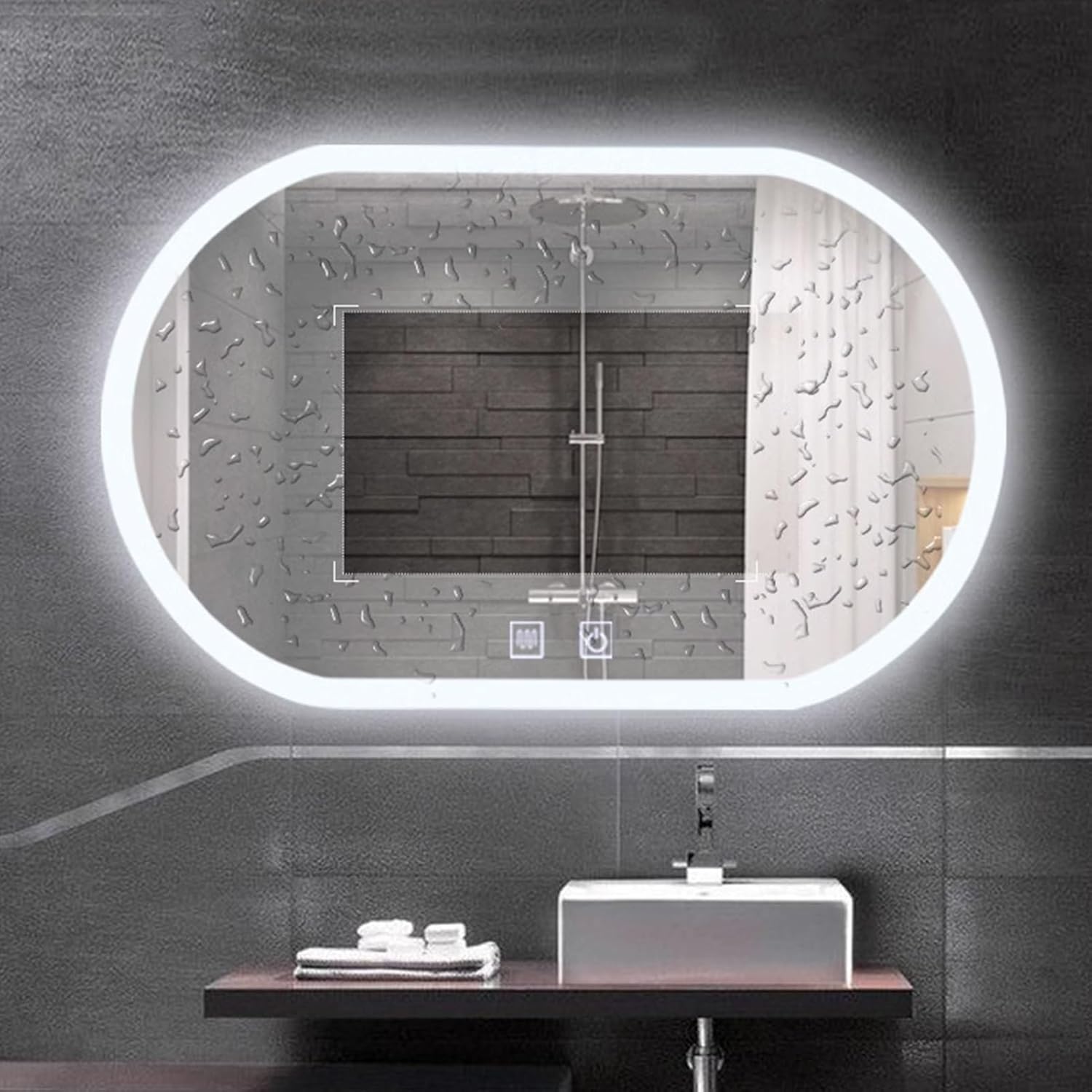 Espejo de baño LED, espejo de pared ovalado sin marco, espejo de tocador con tacto demister, espejo LED iluminado, un solo toque, botón doble