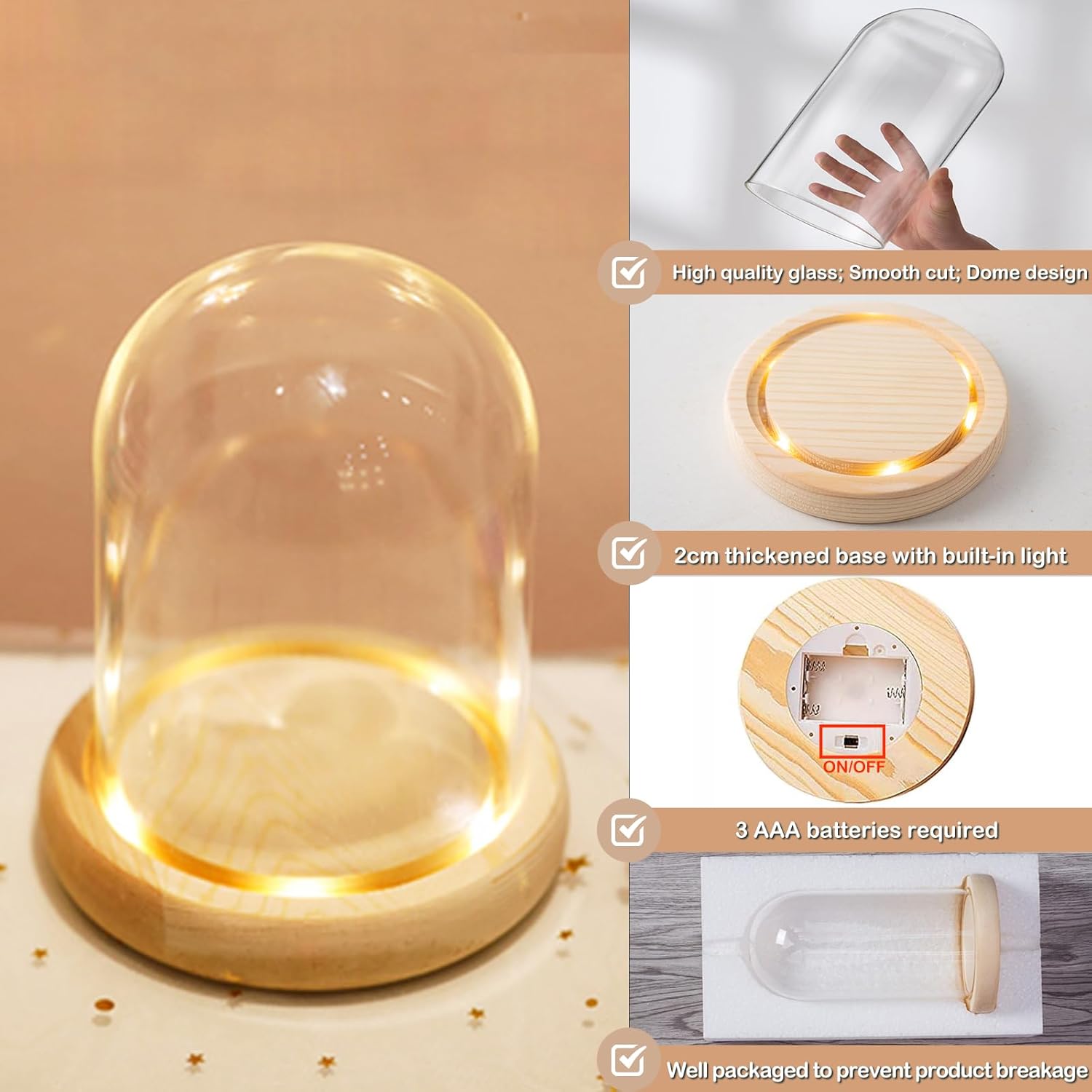 Nynelly Cúpula de cristal transparente de 3.5 pulgadas de profundidad x 4.7 pulgadas de alto con base de luces LED de madera natural, adorno de