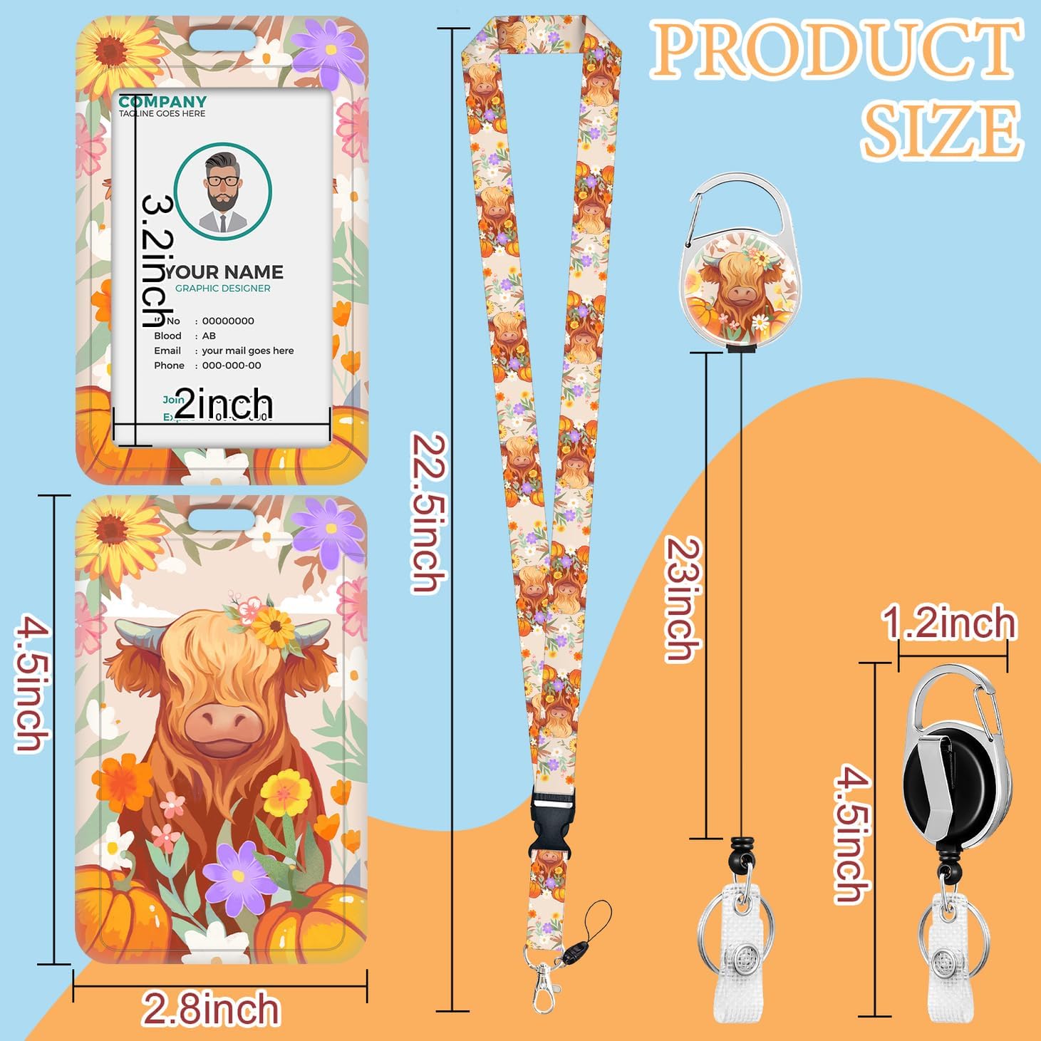 Highland Cow – Soporte para tarjetas de identificación con cordón, cordones de flores para insignias de identificación, carretes de insignias