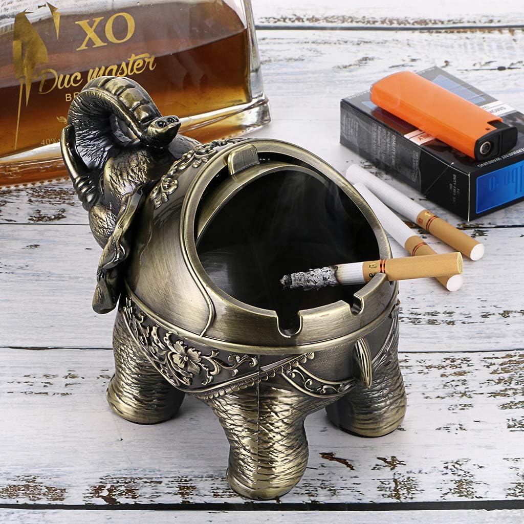 Hipiwe Cenicero de elefante resistente al viento con tapa, soporte de cenicero de metal de escritorio para uso en interiores o exteriores, bandeja