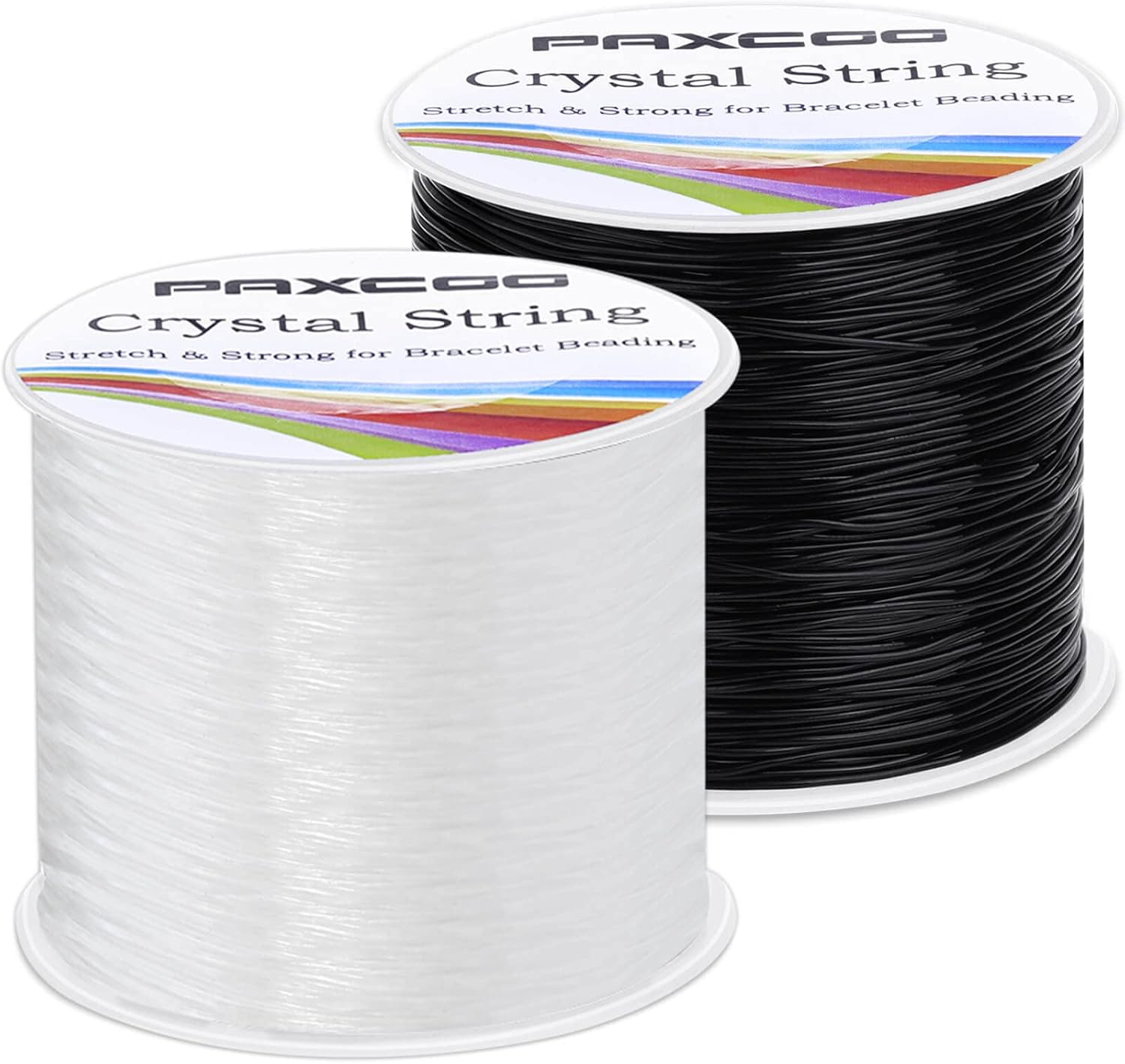 PAXCOO – 2 rollos de cuerda elástica para cuentas de arcilla, cuentas de poni Kandi, pulseras y fabricación de joyas (0.020 in, cristal y negro)