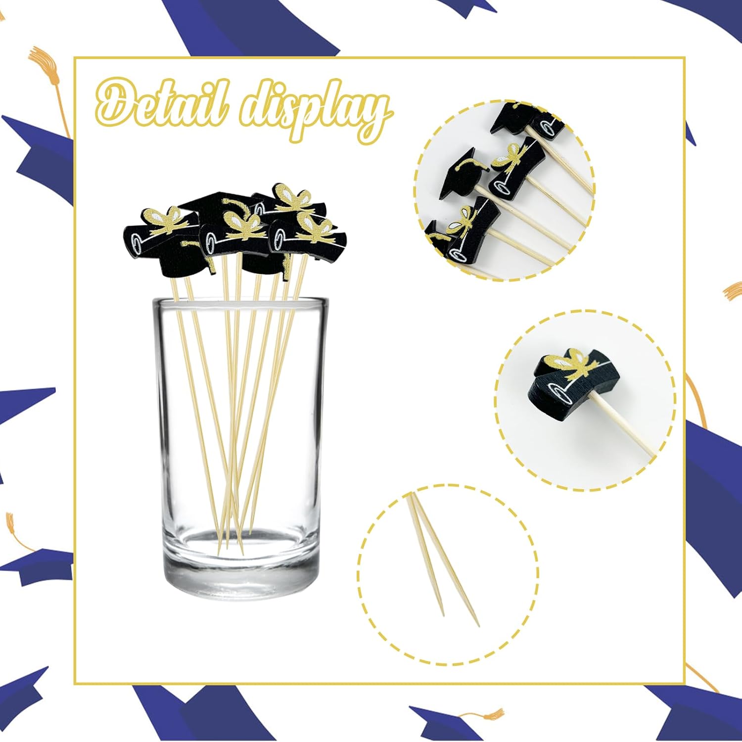 200 palillos de cóctel de graduación, 4.7 pulgadas, palillos de dientes de cóctel, palillos de dientes largos decorativos de bambú para suministros