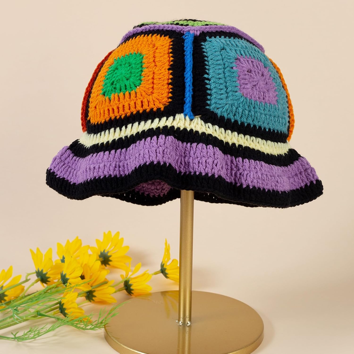 Sombrero de cubo de ganchillo de punto para mujer, hecho a mano, diseño floral, sombrero de ala ancha para pesca al sol