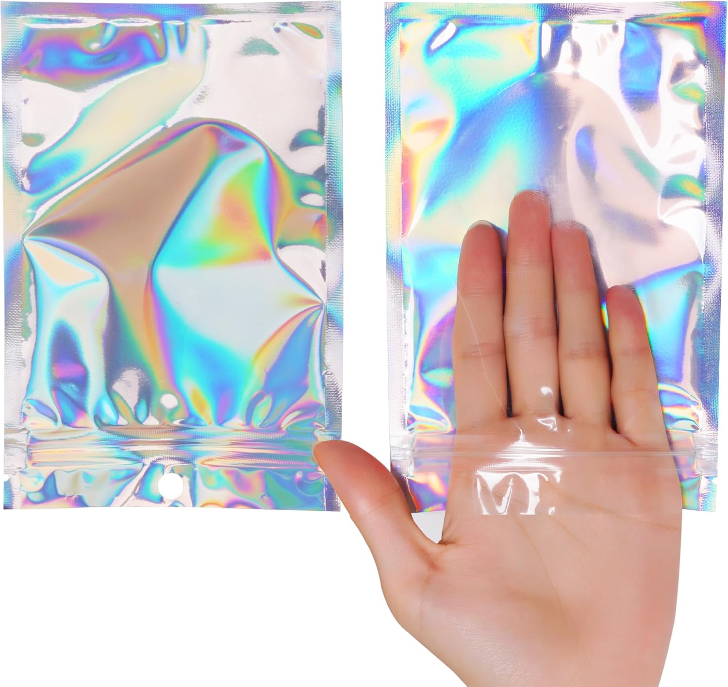 100 bolsas de embalaje holográficas resellables para pequeñas empresas, bolsas de muestra de aluminio, bonitas bolsas de almacenamiento a prueba de