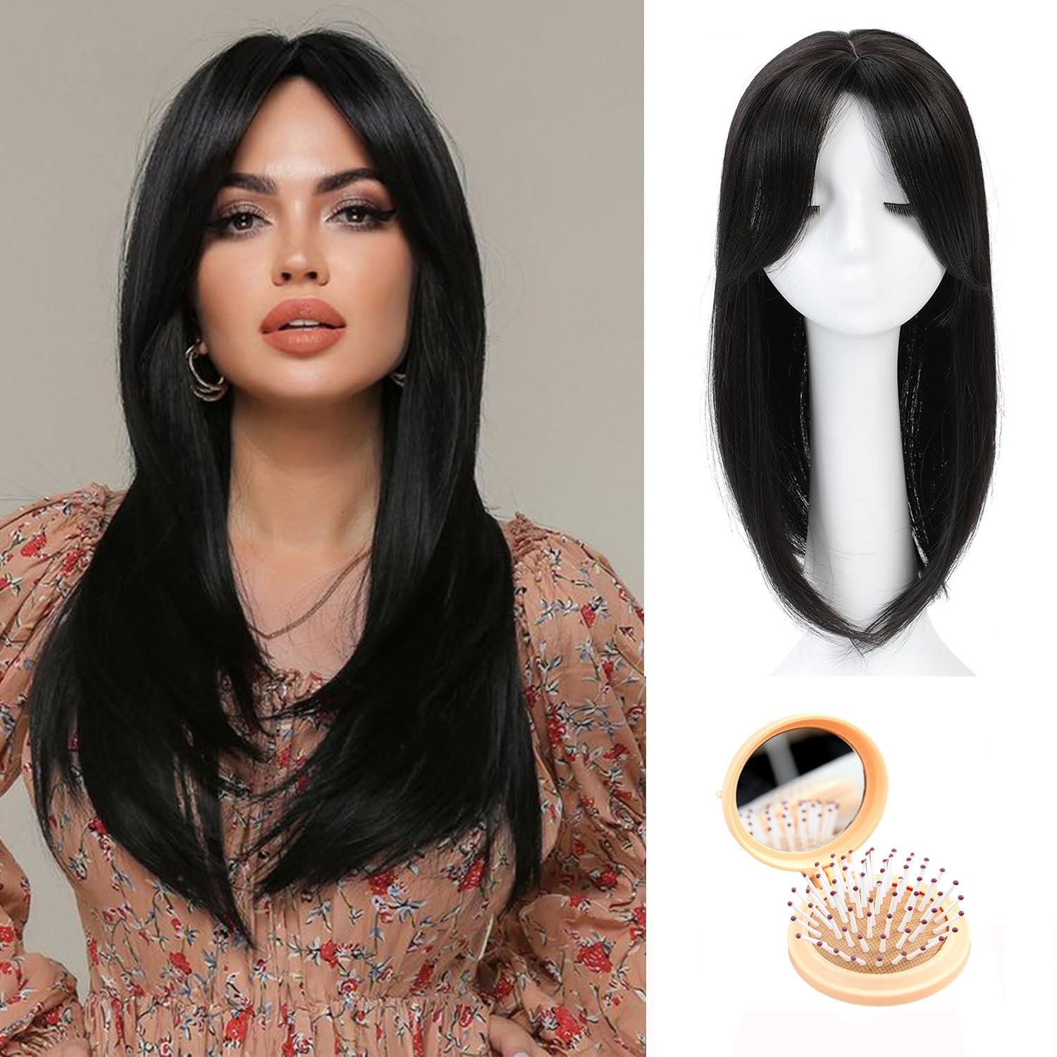 Toppers para el cabello para mujer, 18 pulgadas, peluca para mujer, con flequillo, clips invisibles, pelucas de corona en pieza de cabello sintético