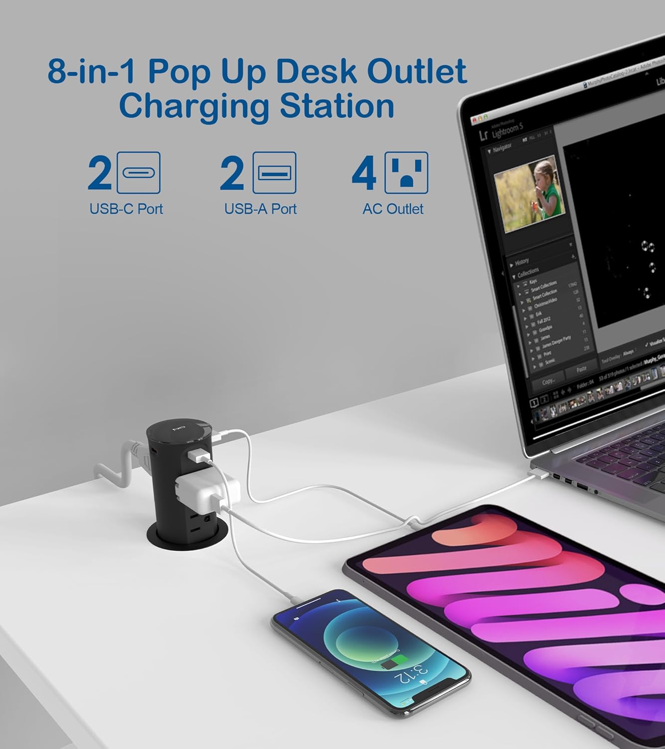 Toma de corriente desplegable para encimera con USB C, ojal de alimentación de escritorio de orificio de 2.5 pulgadas, 4 salidas, 4 puertos USB,