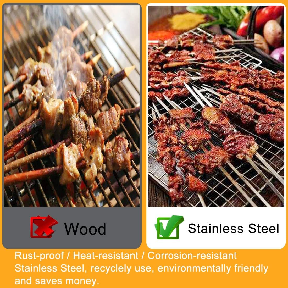 Brochetas Kabob de 20 piezas pinchos planos largos de metal para asar a la parrilla, pinchos de acero inoxidable de 15 pulgadas para barbacoa y