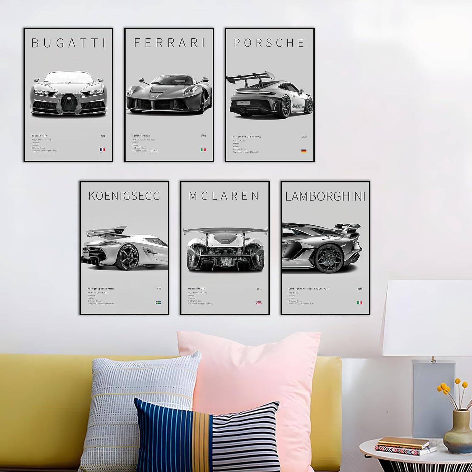 Póster de automóvil en lienzo para pared, juego de impresiones clásicas modernas de superauto, 911 Ferrari Lamborghini McLaren Bugatti Koenigsegg