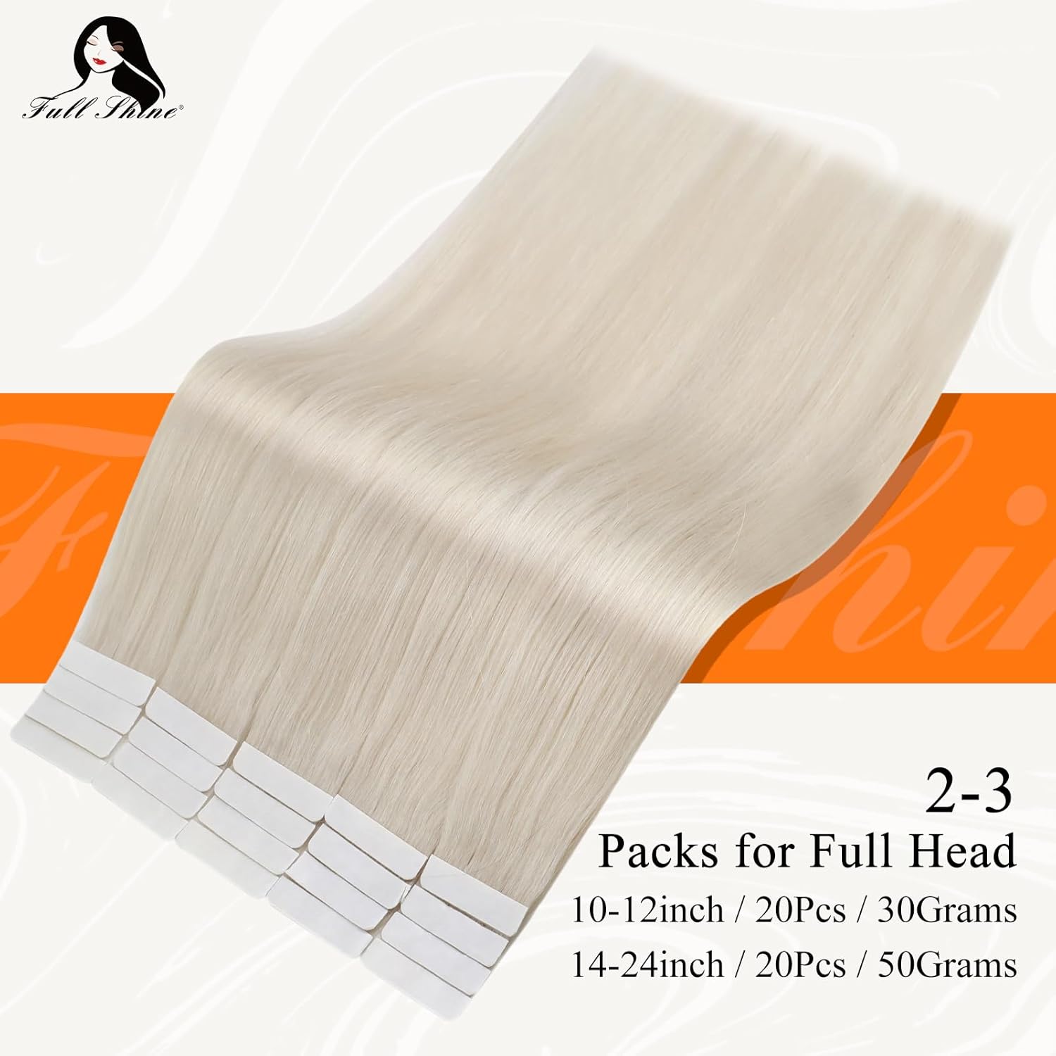 Full Shine – Extensiones adhesivas de cabello humano de 20 pulgadas, extensiones de cabello con cinta invisible, color 1000 rubio hielo, sin