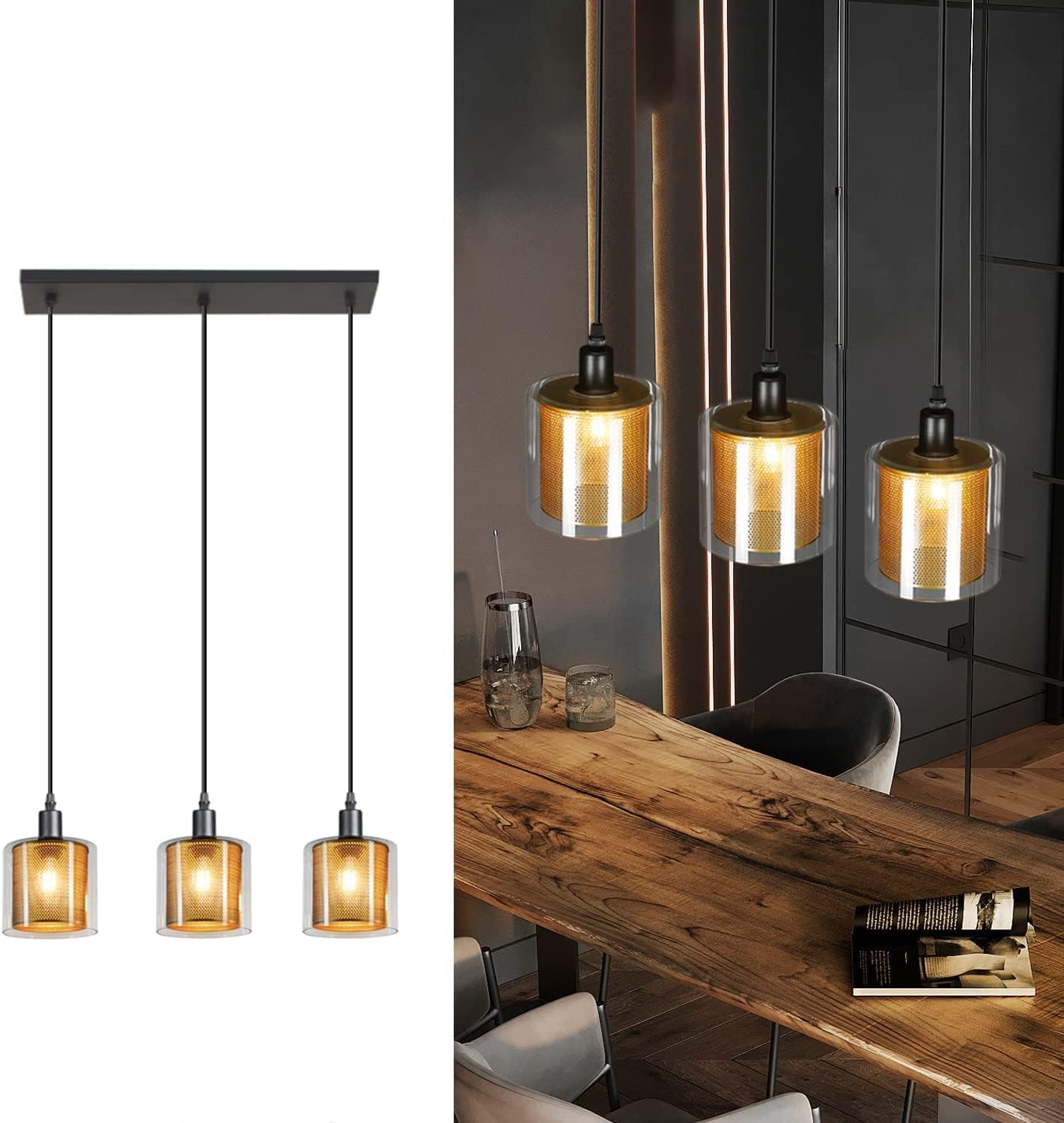 Hurrah Iluminación colgante industrial de 3 luces, lámparas colgantes ajustables, pantallas de vidrio, lámpara colgante vintage para casa de campo,