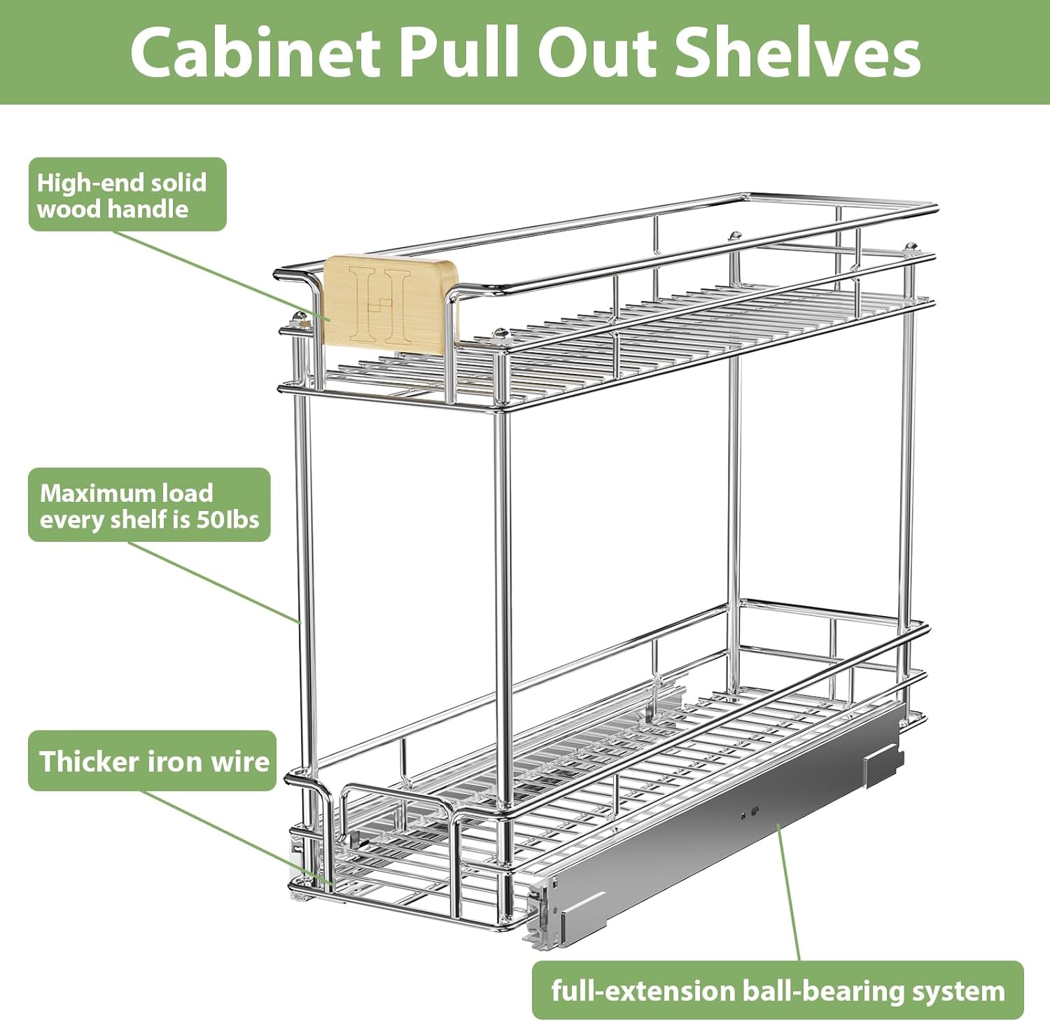 ROOMTEC Organizador de gabinete extraíble con mango de madera, 10 pulgadas de ancho x 21 pulgadas de profundidad, 2 niveles, cajones extraíbles para
