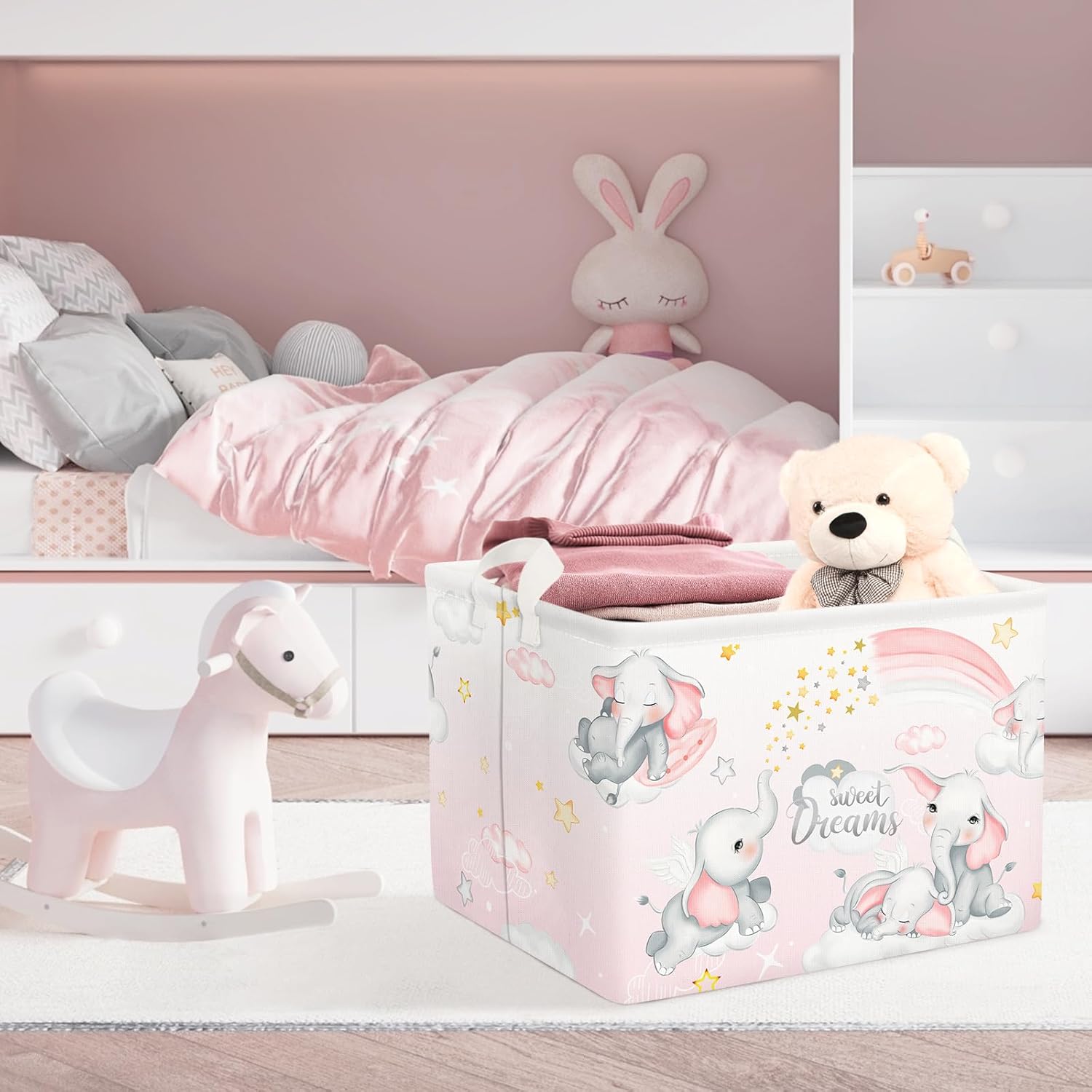 Clastyle Cesta de almacenamiento rectangular de elefantes durmientes, color rosa, arcoíris, para niñas, con nube, luna, baby shower, ropa para