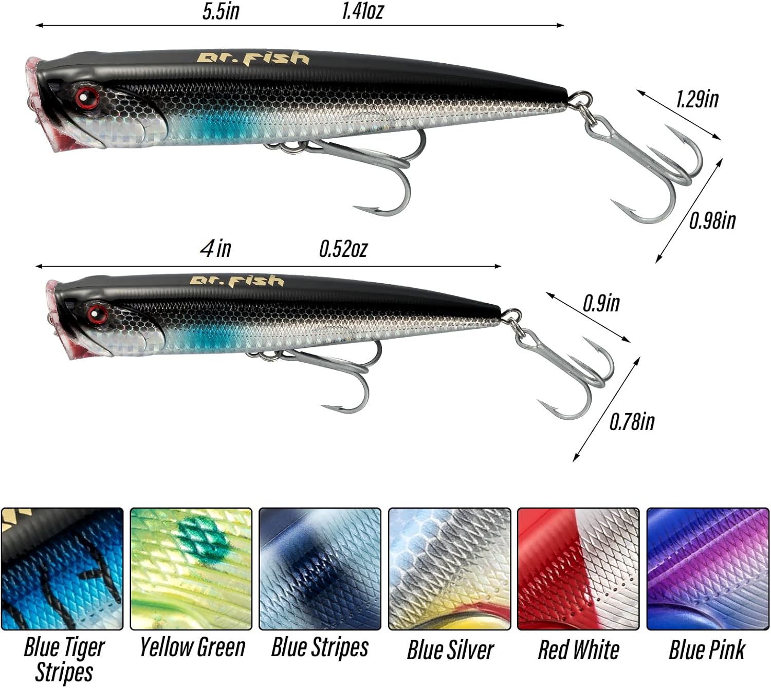 Dr.Fish Topwater Popper – Señuelos de pesca de agua salada, 45.5 pulgadas GT Popper VMC anzuelos agudos señuelos de pesca para Striper, lucio,
