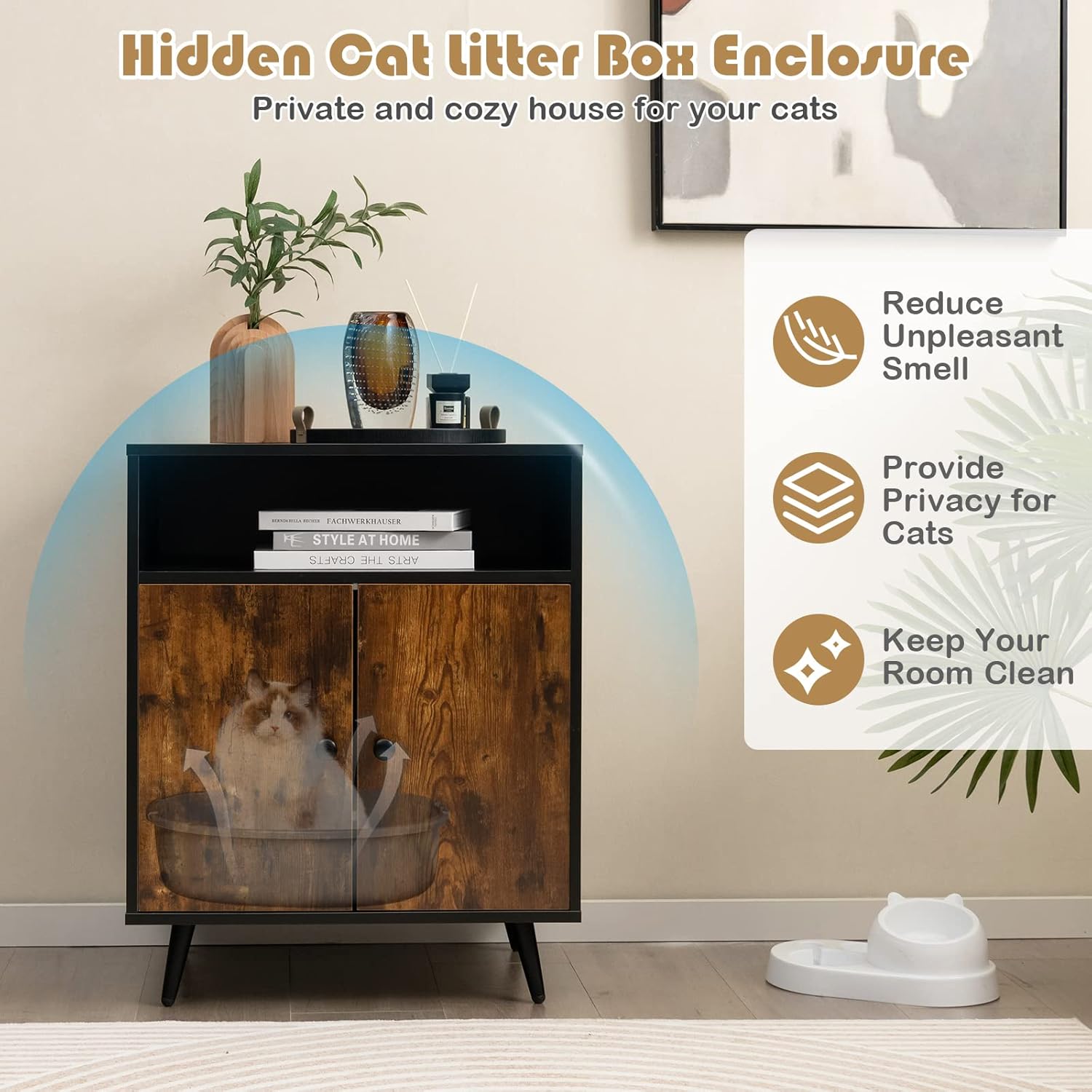 PETSITE Caja de arena para gatos, caja de arena cerrada de madera con estantes, caja de arena oculta mesa auxiliar para muebles