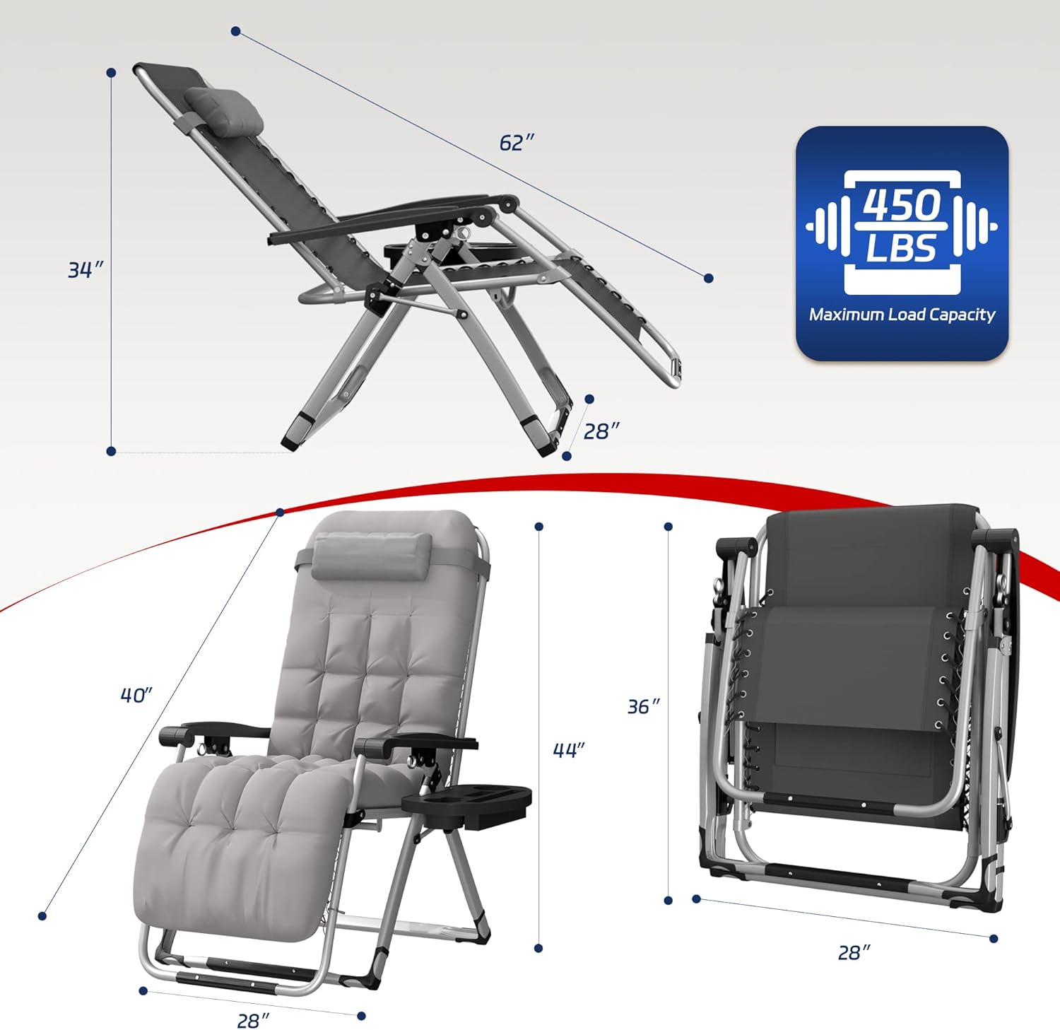 Elevens Silla de gravedad cero de gran tamaño, silla reclinable de 28 pulgadas con cojín y bandeja extraíbles, silla de patio con reposacabezas