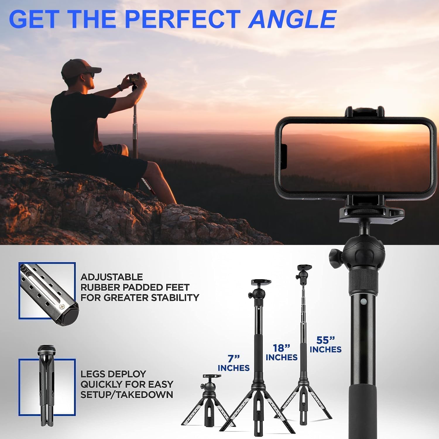 eDealz Trípode para teléfono de 55 pulgadas  Funciona como trípode, selfie stick y monopie de cámara para Go Pro  Soporte de trípode para teléfono