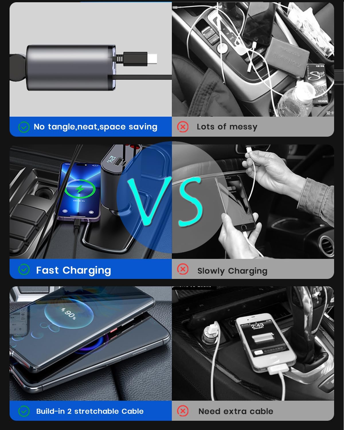 Cargador de coche retráctil 4 en 1 con cable USB retráctil dual, puerto USB A PD medidor de voltaje adaptador de encendedor de cigarrillos USB para