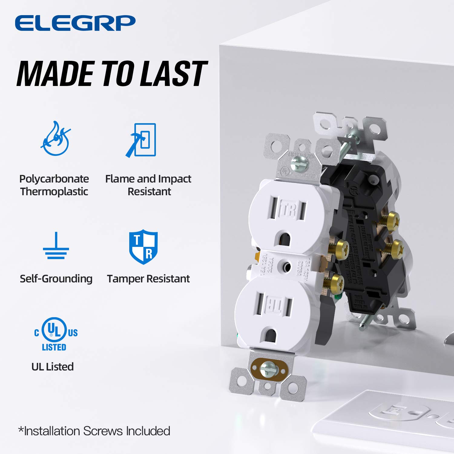 ELEGRP Receptáculo dúplex resistente a manipulaciones, toma de pared dúplex eléctrica estándar de 15 A 125 V, 2 polos y 3 cables, 5-15R,
