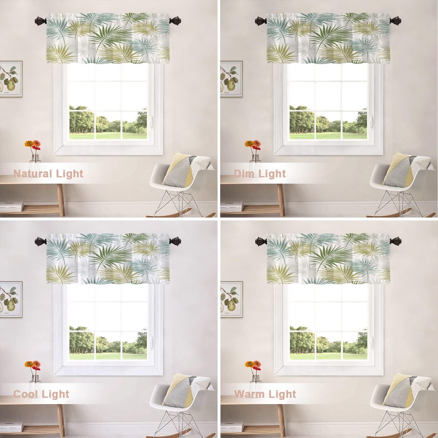 Shrahala Cenefas de cocina con hojas de naturaleza blanca, cortinas verdes para ventana de media ventana, tratamiento de ventana de poliéster