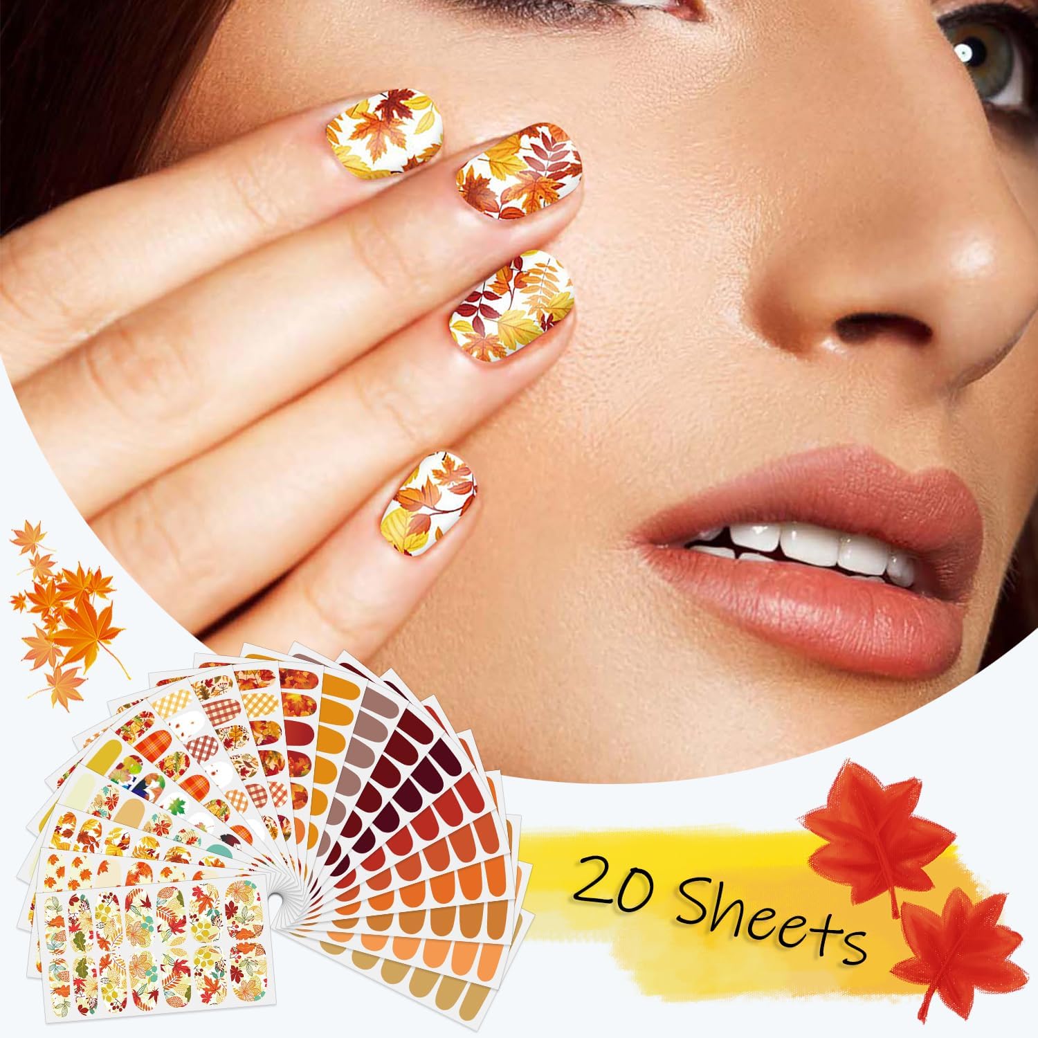 SILPECWEE 20 hojas de tiras de uñas de otoño para mujeres, calcomanías de esmalte de uñas de color sólido, tiras de esmalte de uñas autoadhesivas,