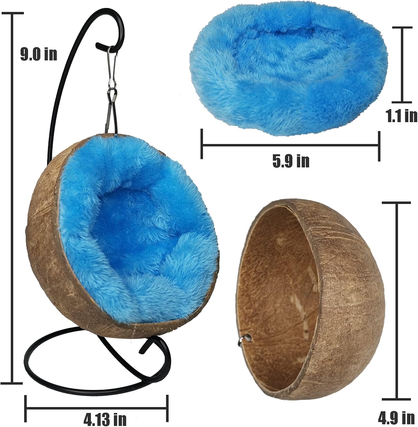 Fhiny Hamaca escondida de hámster de coco, casa de cama de cáscara de coco cruda natural con almohadilla cálida, decoración de hábitat de animales