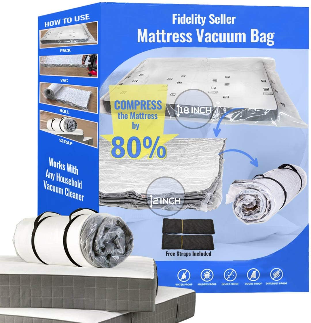 Bolsa de vacío para colchón (QueenFull XLFull) para moverse. Comprime el colchón a 18 de su tamaño. Sello de doble cremallera y válvula a prueba de
