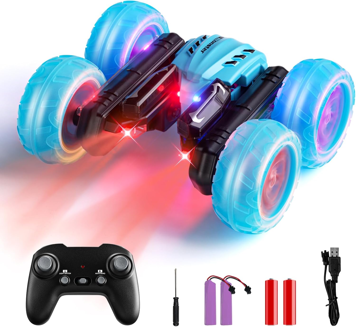 Coche de control remoto, autos de acrobacias RC de 2.4 GHz con faros, luces de rueda, camión de control remoto recargable todoterreno 4WD, juguetes