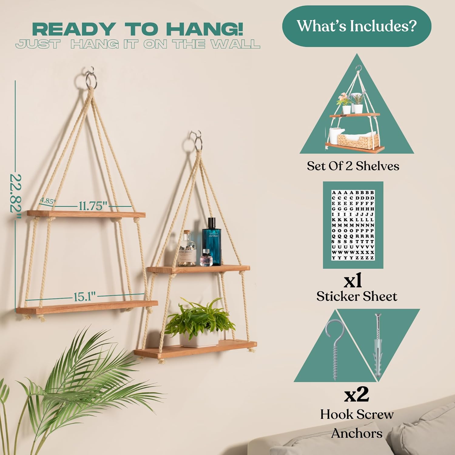 Estantes colgantes para pared, estante colgante para plantas, estantes bohemios de madera para decoración de dormitorio de otoño, estantes de cuerda
