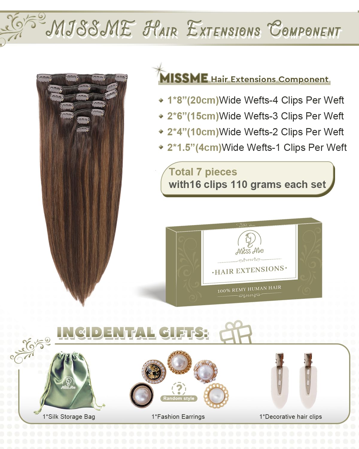 MISSME Extensiones de cabello humano real con pinzas, 14 pulgadas, 3.88 oz, 7 unidades, sin costuras, 16 clips, 100 % cabello humano real, balayage,