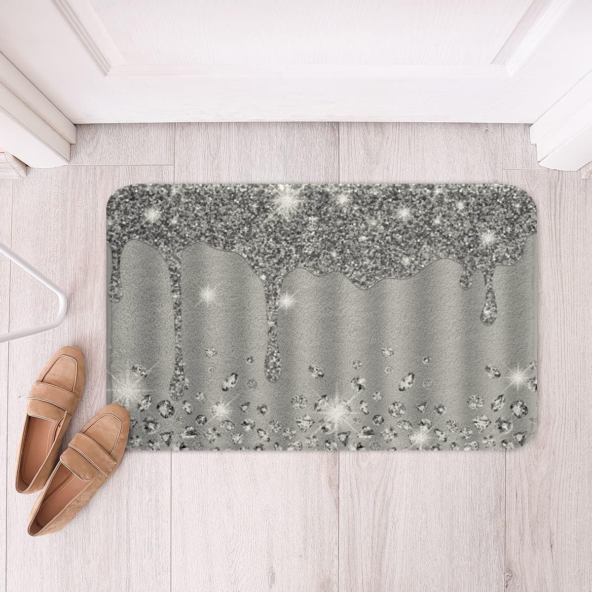 Feelyou Tapete de baño antideslizante con estampado plateado con purpurina (sin purpurina), color gris, lanudo y absorbente, para piso de diamante y