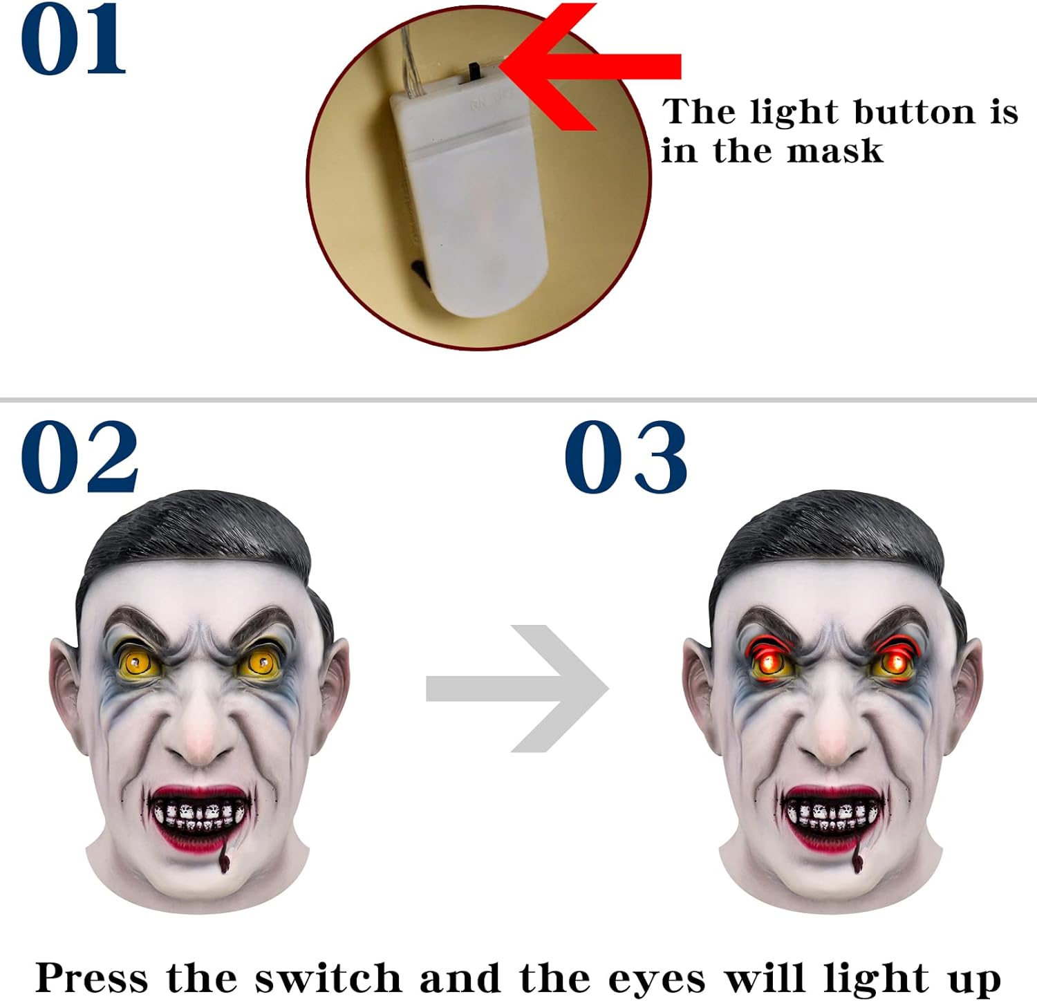 Máscara de vampiro aterradora y realista con ojos brillantes, monstruo de cabeza completa, disfraz de Halloween, cosplay, accesorios novedosos