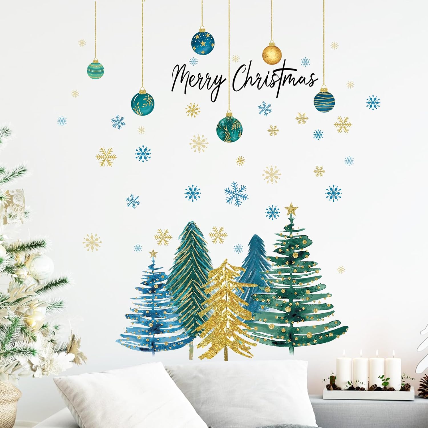 Yovkky Calcomanías de pared con diseño de árbol de Navidad, bola de Navidad de Año Nuevo, copo de nieve, estrella, decoración de dormitorio,