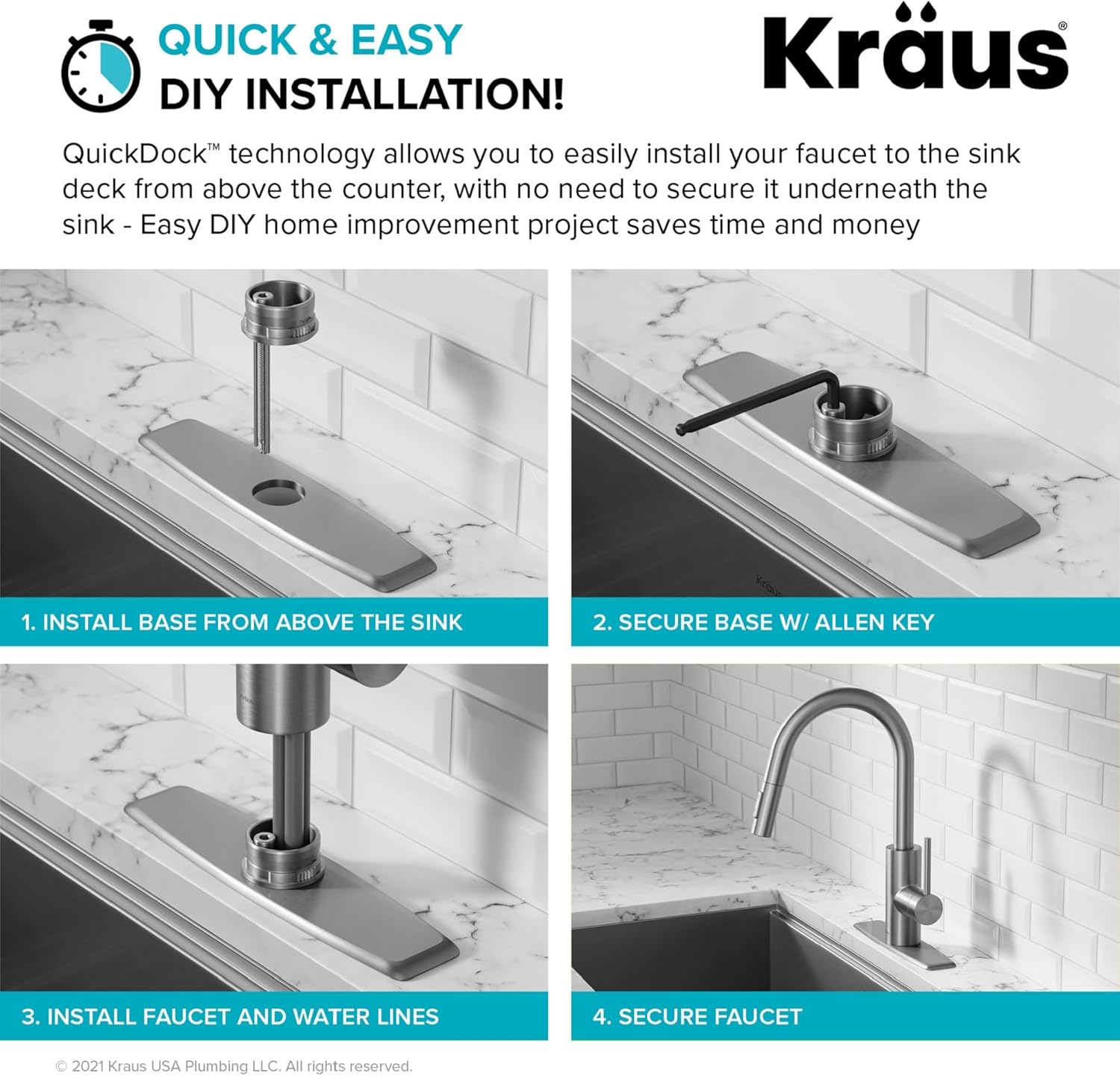 KRAUS Oletto – Grifo de cocina monomando extraíble con instalación de montaje superior QuickDock, en negro mate, KPF-2620MB