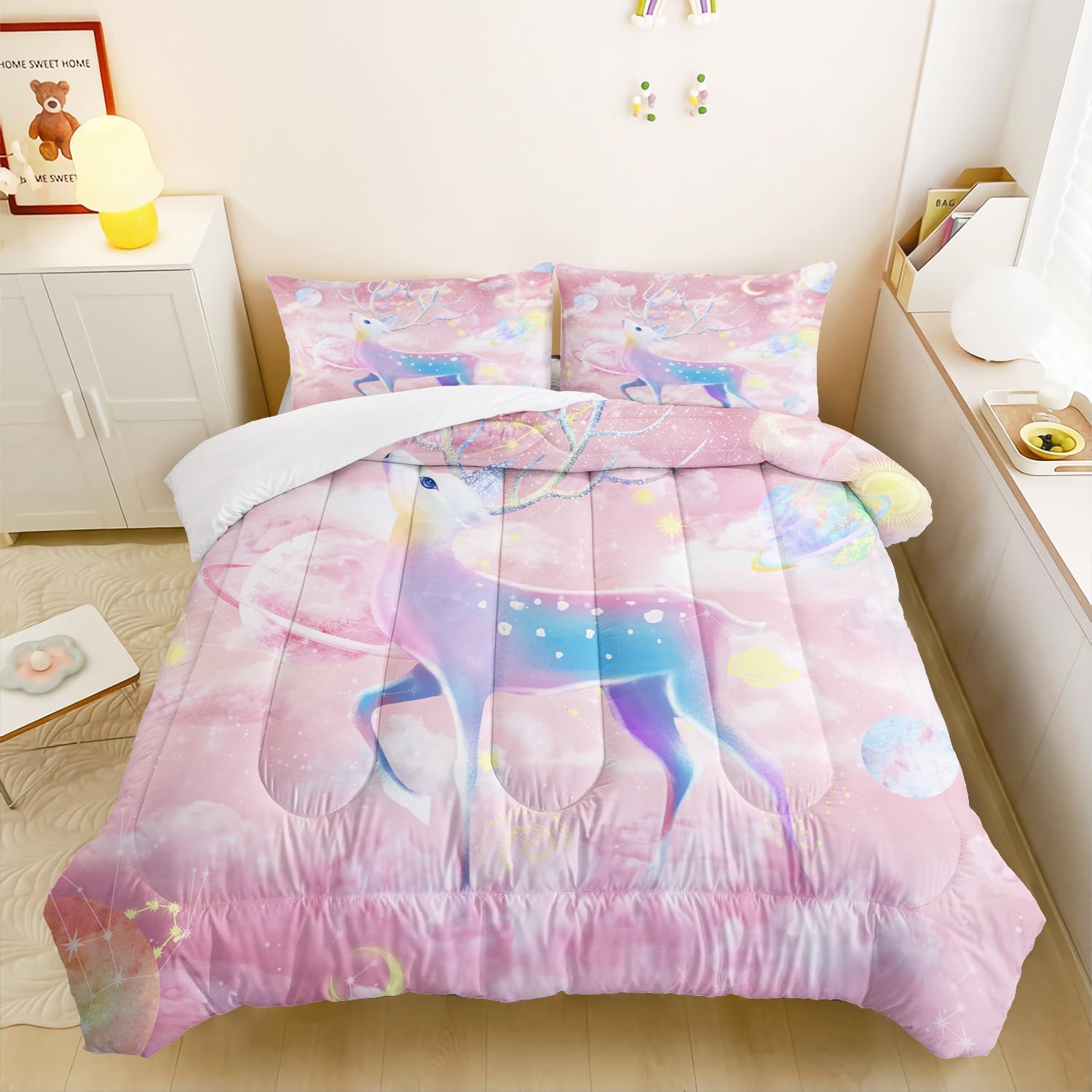 CVHOUSE Ecbttab047 – Juego de edredón rosa para niña, tamaño matrimonial, juego de ropa de cama con espacio de nube rosa para niños, ciervo y