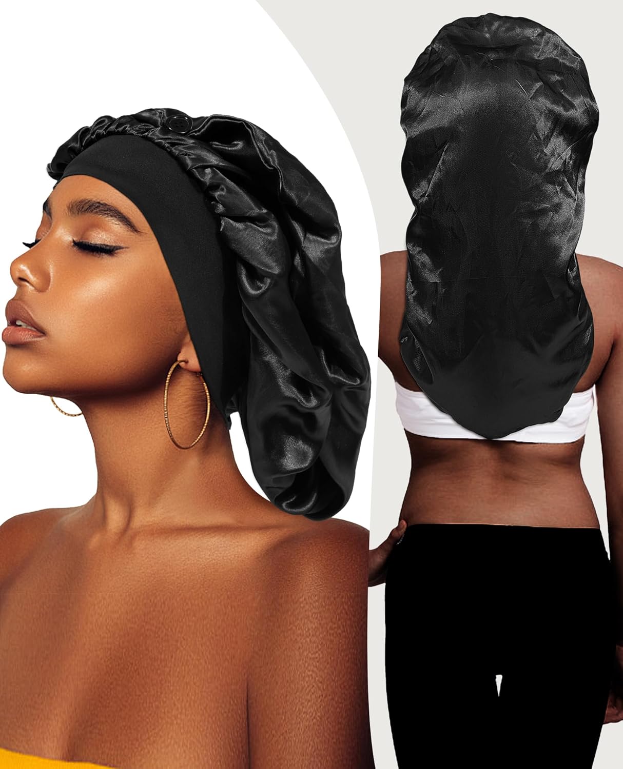 AWAYTR Gorro largo de satén para mujer, gorro de seda de 2 capas para trenzas, gorro de dormir elástico con gorro de noche de banda ancha (negro)