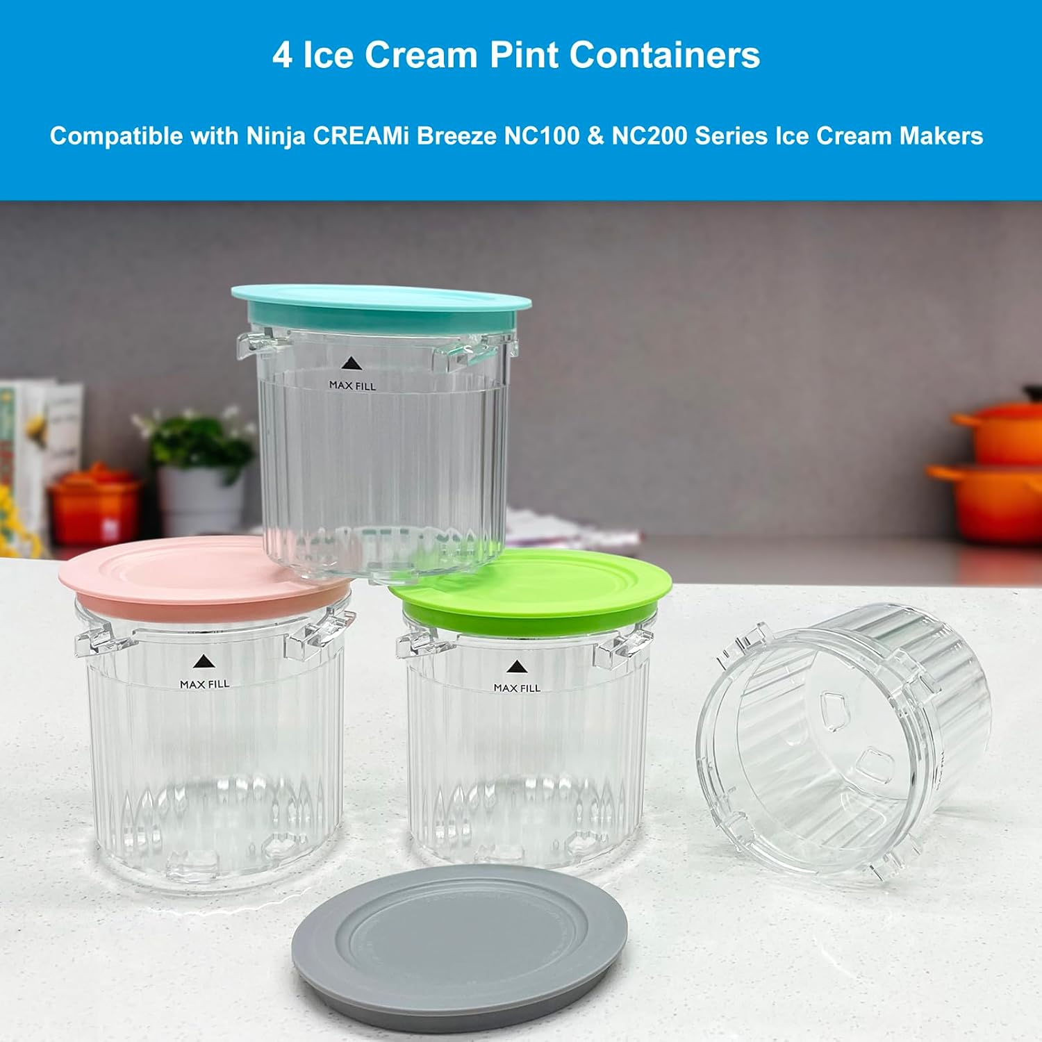 Paquete de 4 recipientes y tapas para máquinas de helado Ninja CREAMi Breeze serie NC100 y NC200 CREAMi, vasos de repuesto sin BPA y aptos para