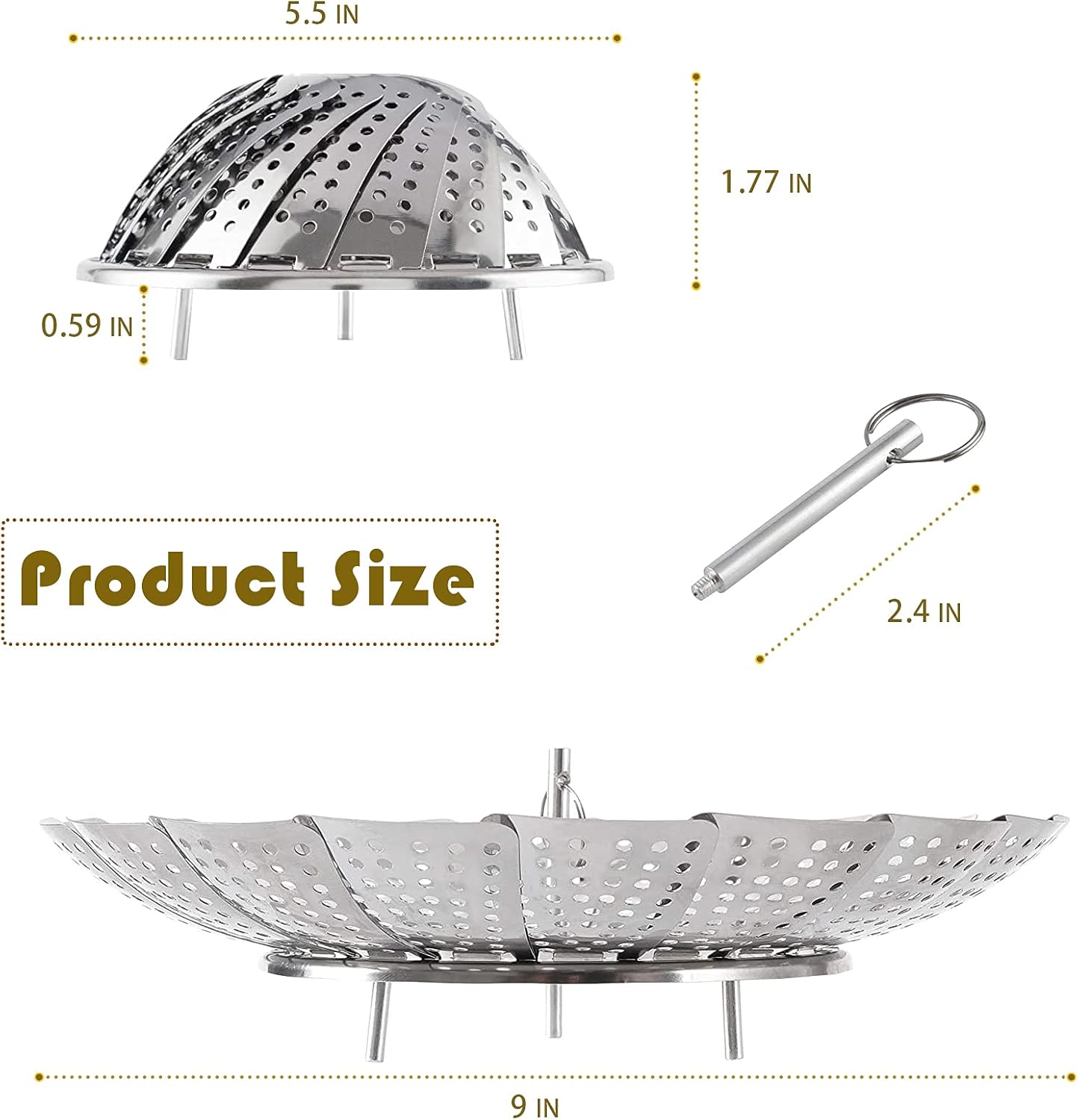 Cesta de vapor, utensilios de cocina plegables de acero inoxidable, tamaños ajustables para adaptarse a varias ollas (5.1 a 9 pulgadas)