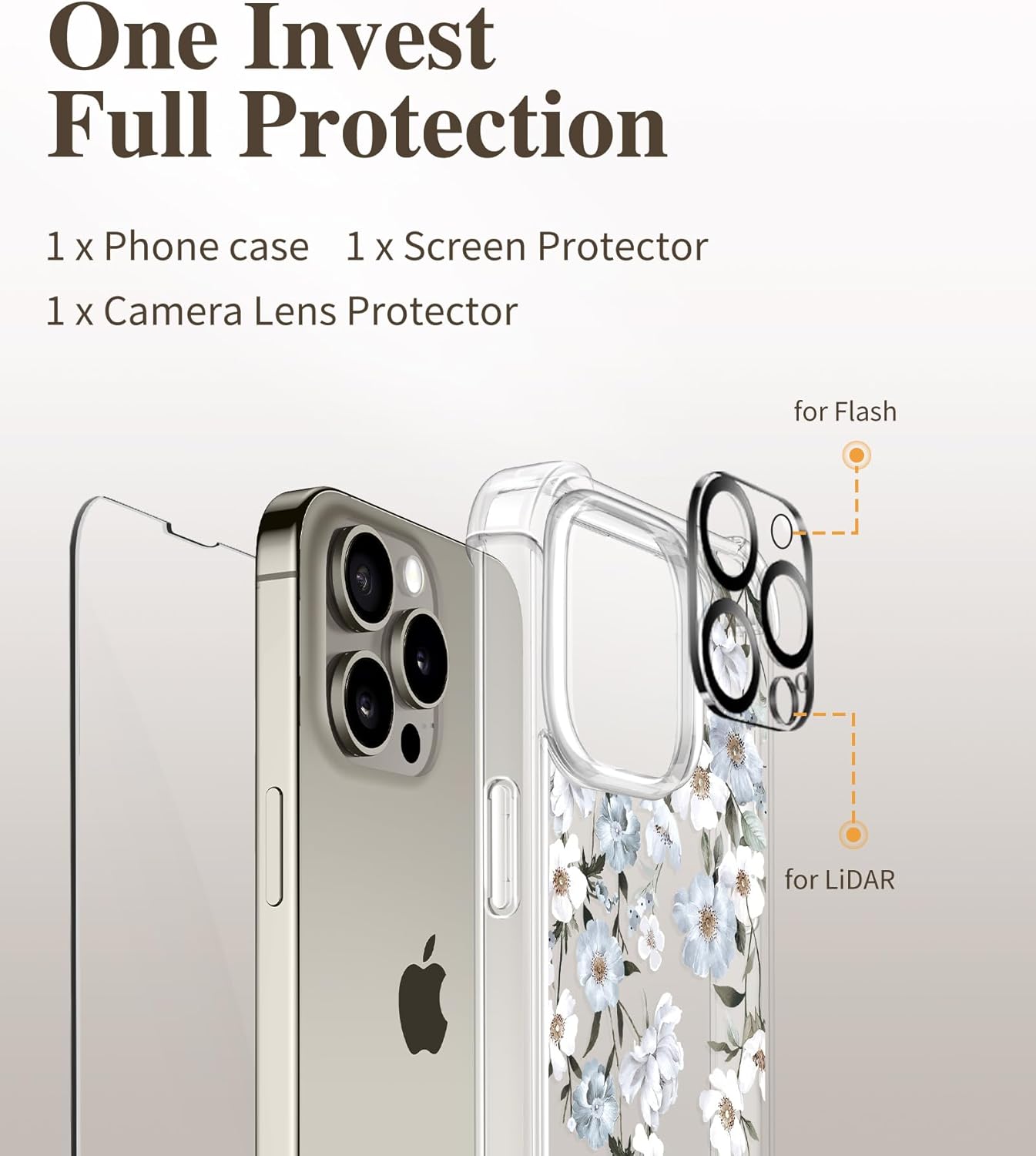 GVIEWIN Funda para iPhone 15 Pro Max floral, con protector de pantalla y protector de lente de cámara, PC duro + TPU parachoques a prueba de golpes