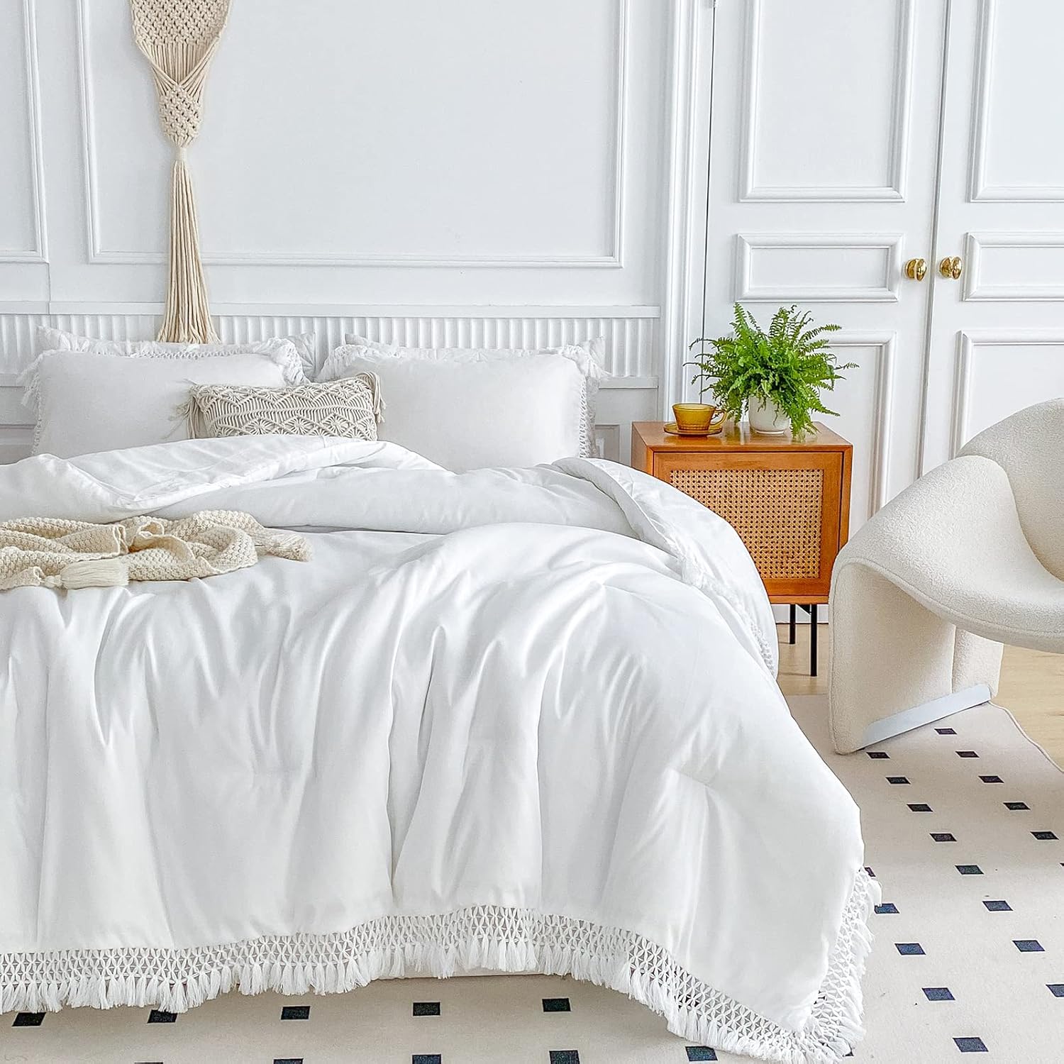Juego de edredón con borlas blancas, tamaño Queen de 90 x 90 pulgadas, 3 piezas con flecos rosados, juego de ropa de cama bohemio de microfibra
