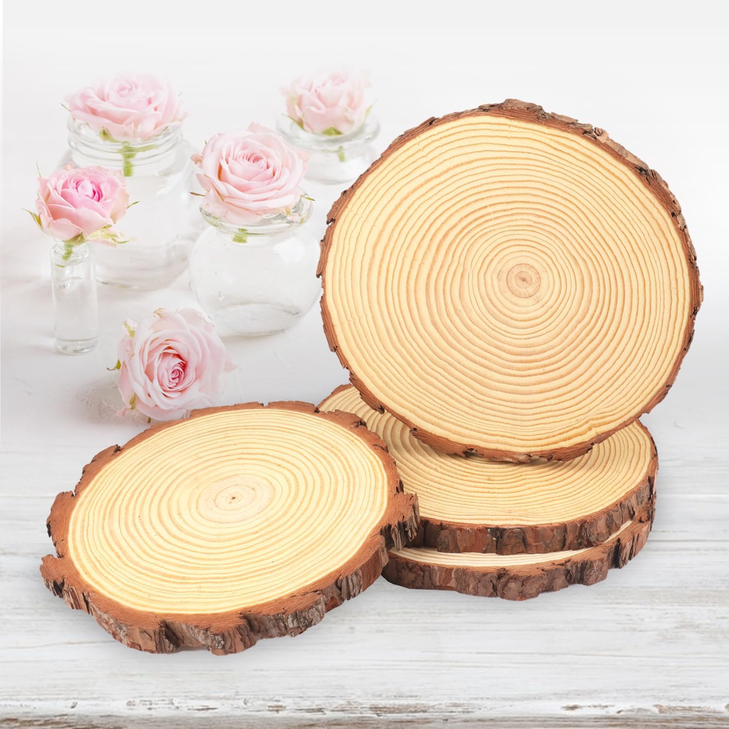 6 piezas de rebanadas de madera natural de 8 a 9 pulgadas, círculos de madera de pino sin terminar con cortezas para posavasos, manualidades,