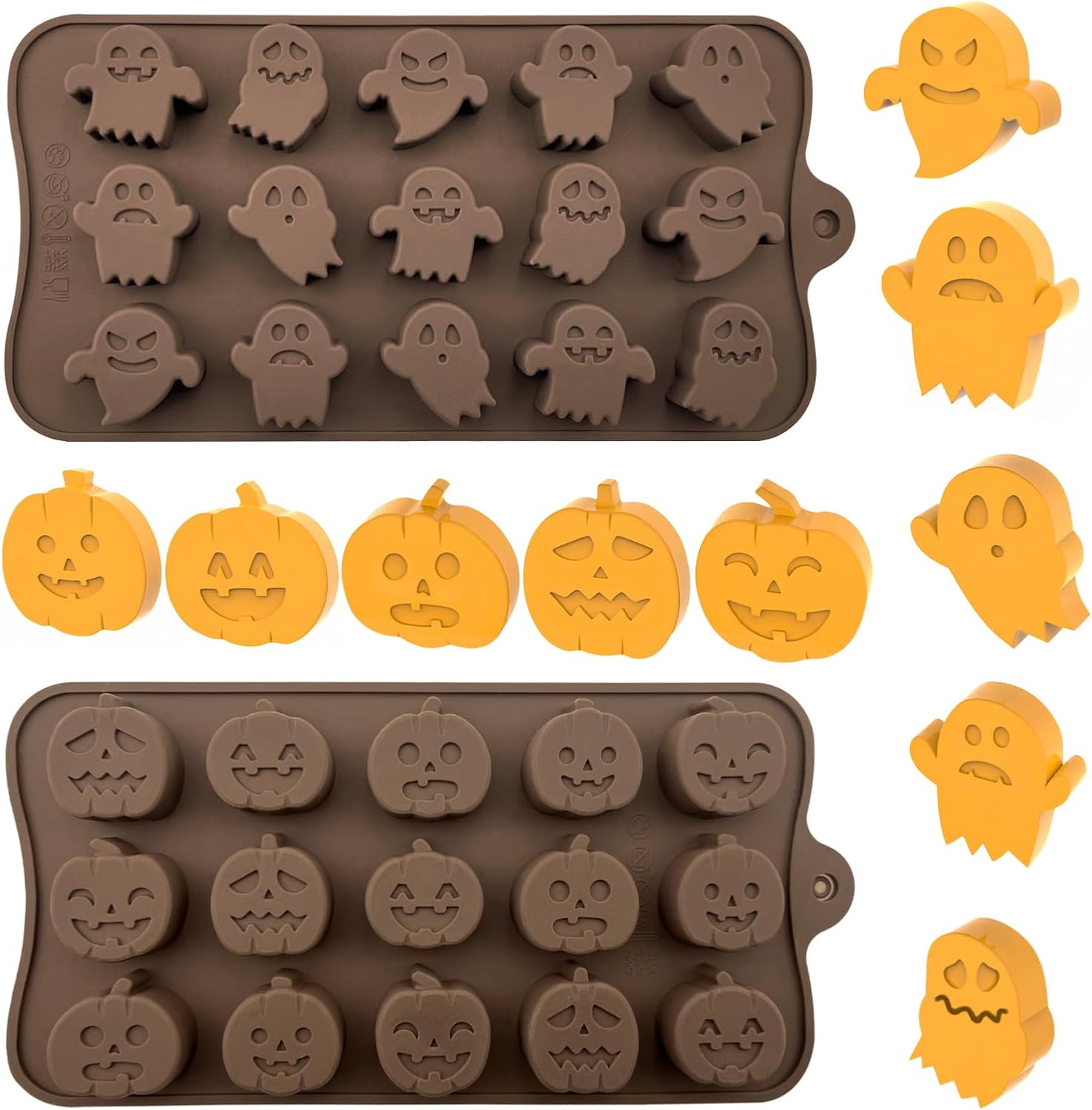 Paquete de 2 moldes de silicona con forma de calabaza y fantasma, moldes para hornear galletas de chocolate para Halloween, formas de calabaza y