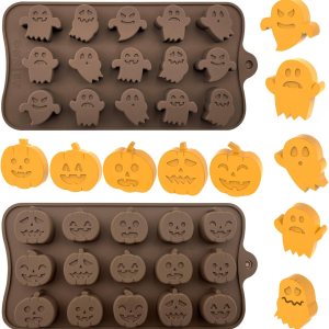 Paquete de 2 moldes de silicona con forma de calabaza y fantasma, moldes para hornear galletas de chocolate para Halloween, formas de calabaza y Paquete de 2 moldes de silicona con forma de calabaza y fantasma, moldes para hornear galletas de chocolate para Halloween, formas de calabaza y