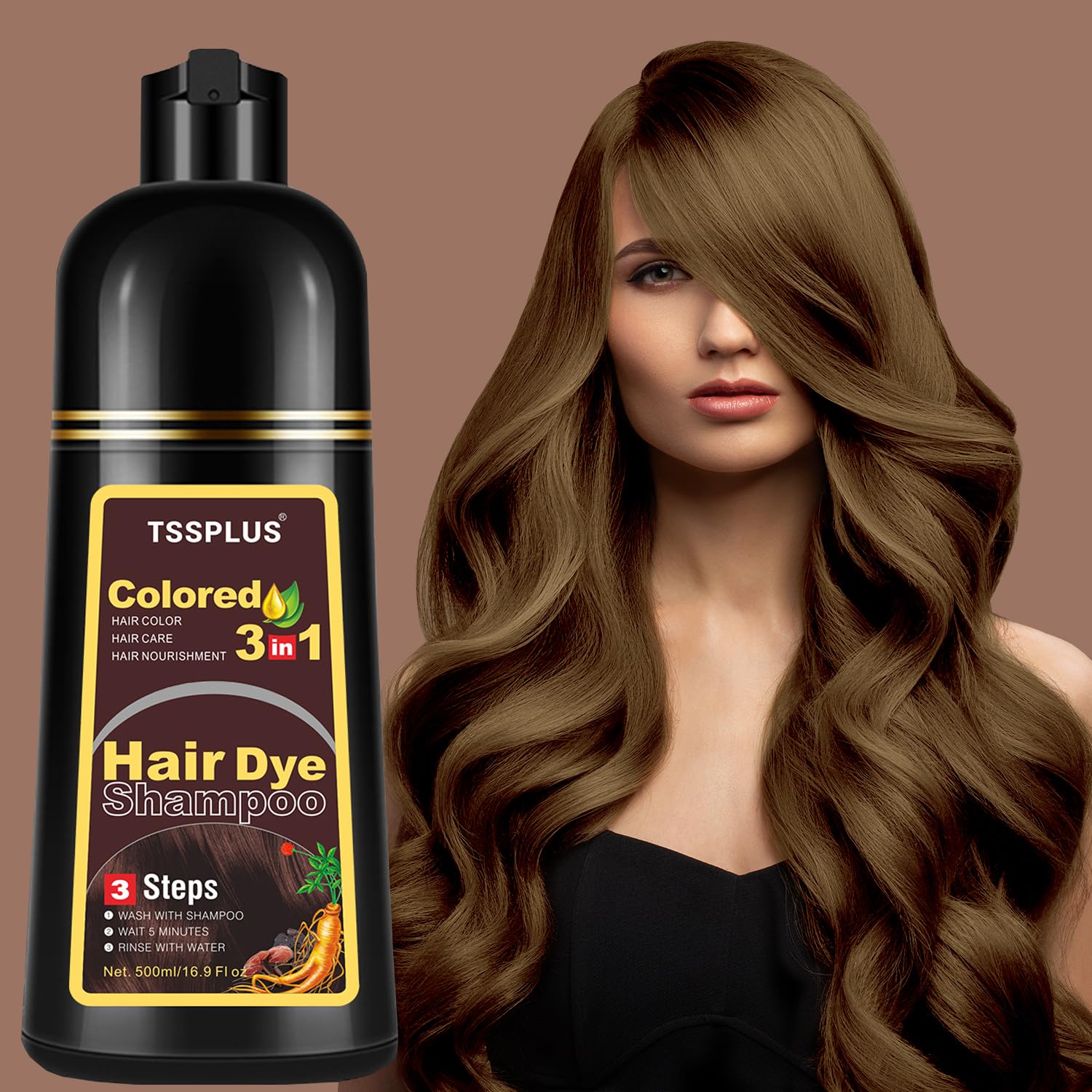 TSSPLUS Champú para colorear el cabello, 16.9 fl oz, tinte natural orgánico para el cabello, esencia vegetal, champú de tinte de color negro para