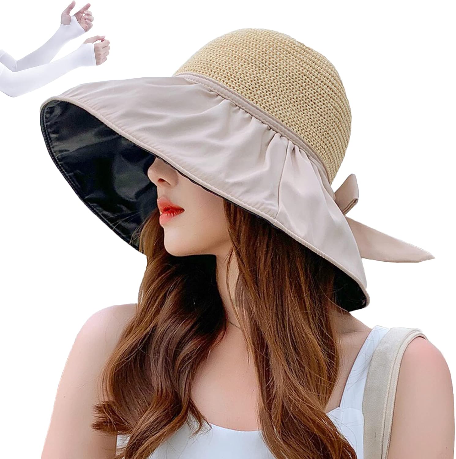 Sombrero de sol para mujer, sombrero de paja con protector solar de playa, sombrero plegable de borde ancho, banda resistente al viento y manga de