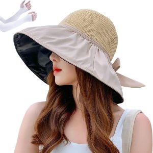 Sombrero de sol para mujer, sombrero de paja con protector solar de playa, sombrero plegable de borde ancho, banda resistente al viento y manga de Sombrero de sol para mujer, sombrero de paja con protector solar de playa, sombrero plegable de borde ancho, banda resistente al viento y manga de